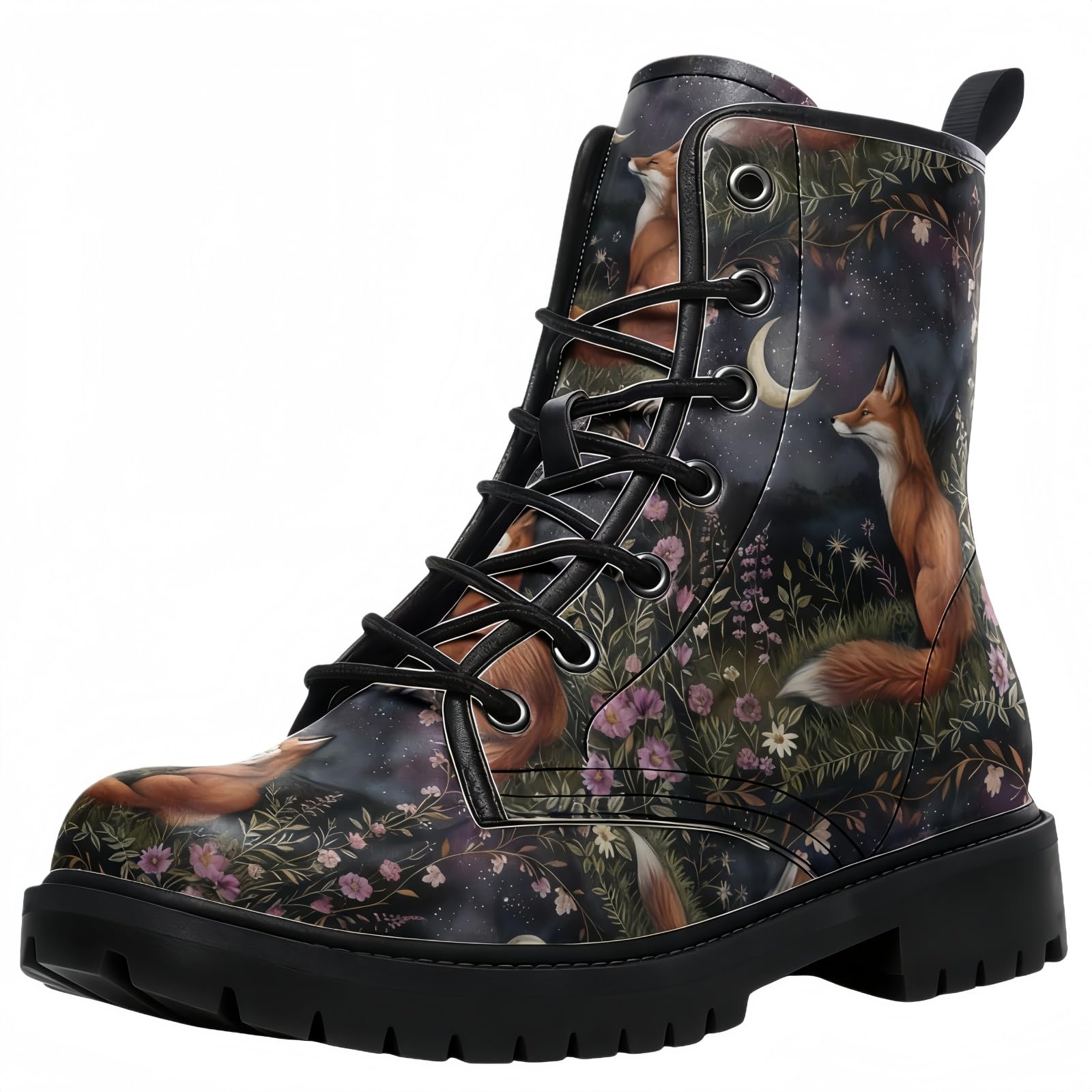 Womens Printed Short Boots Lace-up Chunky Heel Combat Ankle Booties for Girls Ladies Autumn and Winter Shoes Rose