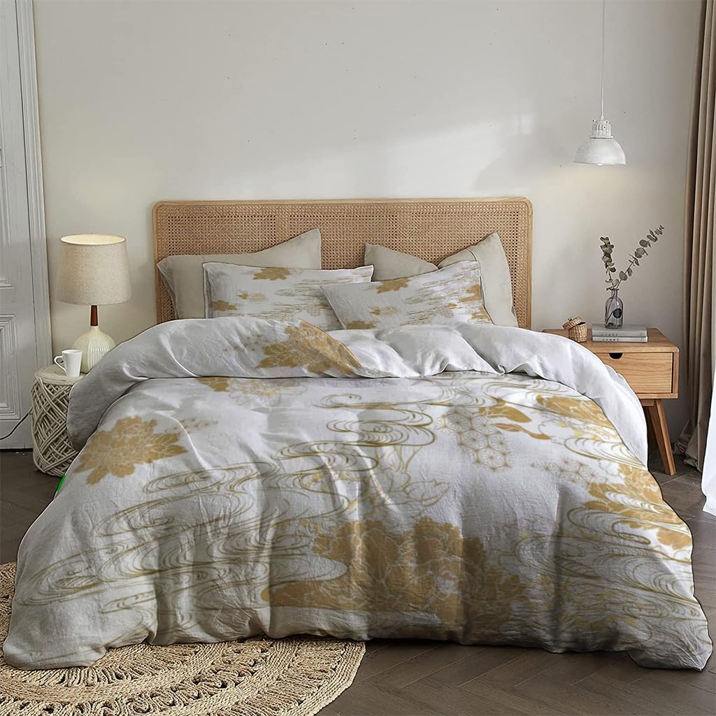 NIBAINLO 布団カバー牡丹の花と波の要素 日本の花のテーマ 肌に優しい ピーチスキン加工 掛け布団カバー 和式 洋式 あったか 布団カバーセット リバーシブル ホームステイ ホテル 家庭兼用