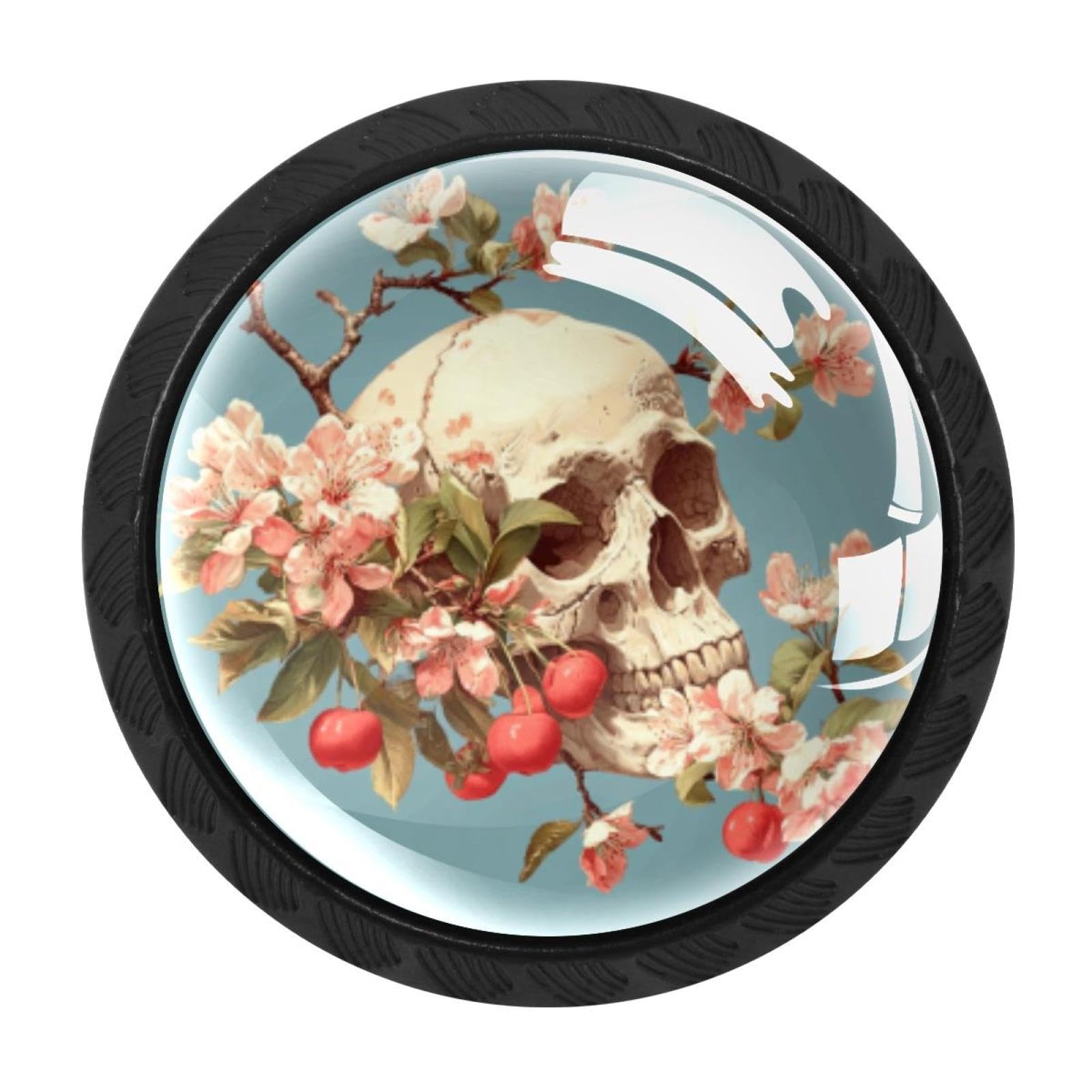 CHENZZZZ 4 Pack Vintage Skull and Flowers Cherry (3) Drawer Knobs Cabinet Knobs Crystal Glass Knobs Pulls Handles for Kitchen Cabinet Hardware Cupboard Door Dresser Wardrobe Home Decor