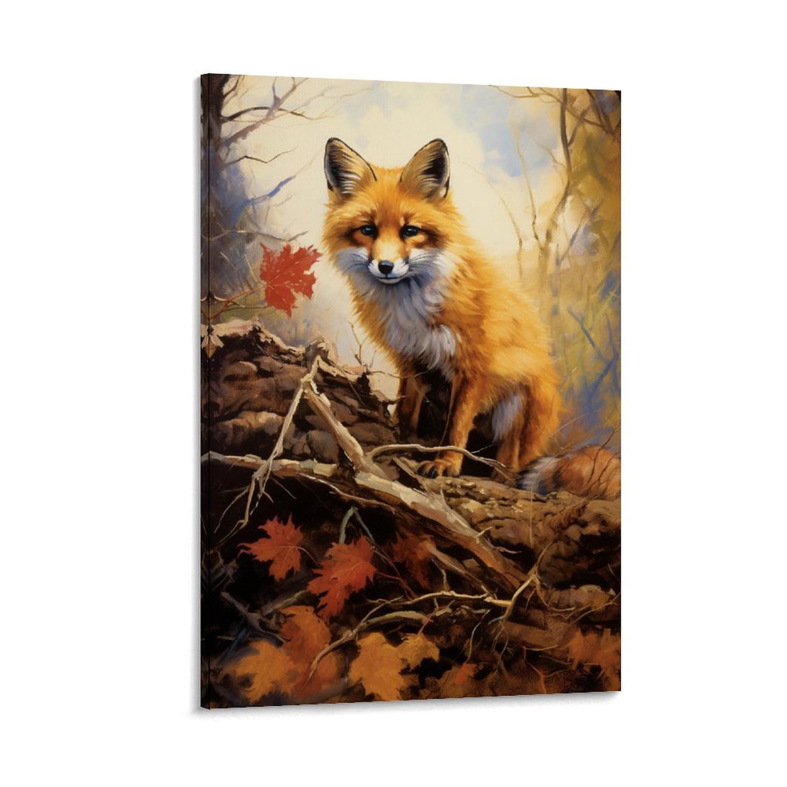 GMUKIFFY Country Rustic Fox Painting on Canvas Wall Art Forest Fallen Leaves Wildlife Stretched And Framed Canvas Prints Artwork for Home Decorations Ready to Hang Wall Decor 16x24inch(40x60cm)