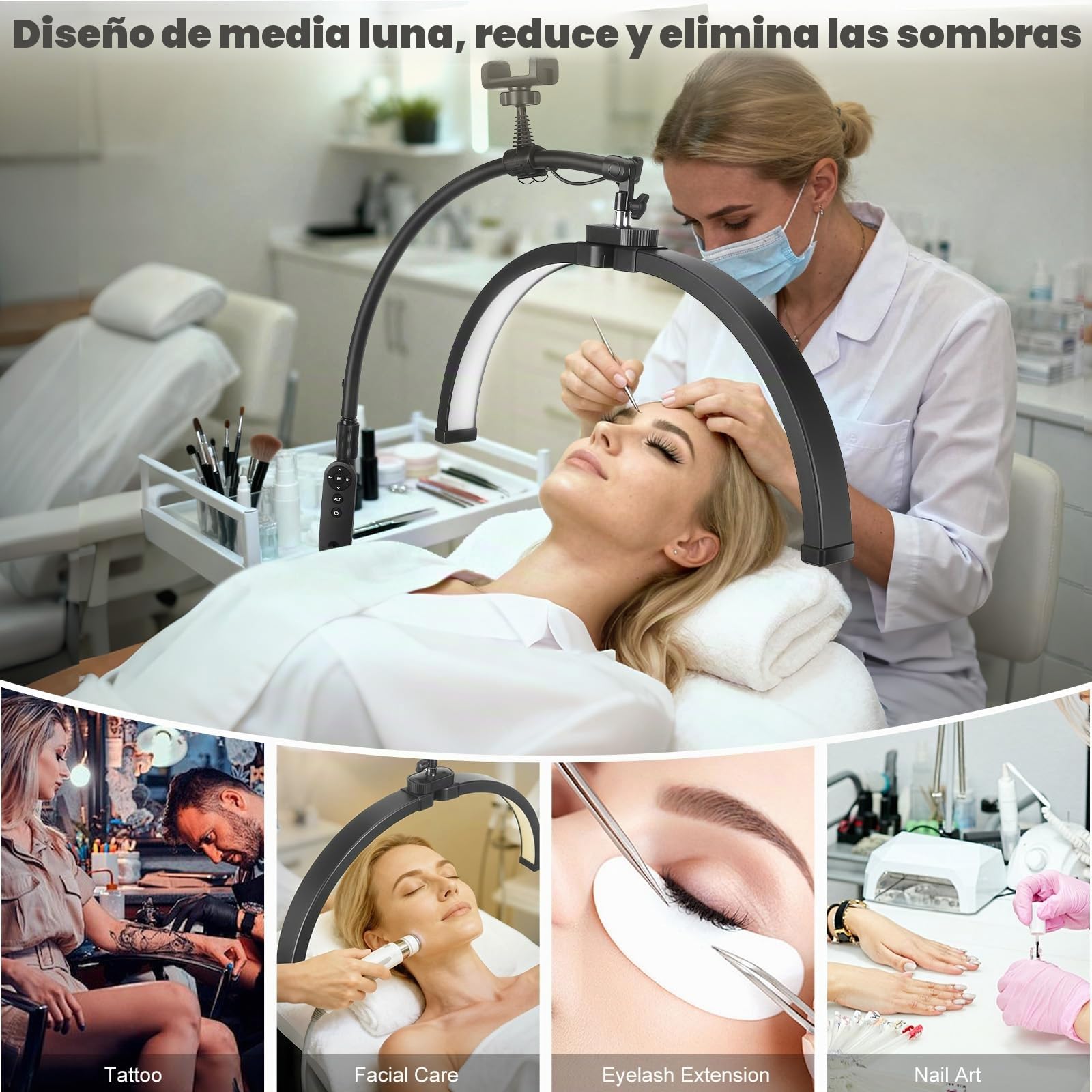 Lámpara LED cosmética de media luna Cabezal giratorio de 360° con 3 temperaturas de color Lámpara pestañas con altura ajustable y control remoto extensiones de pestañas, maquillaje, tatuajes, manicura