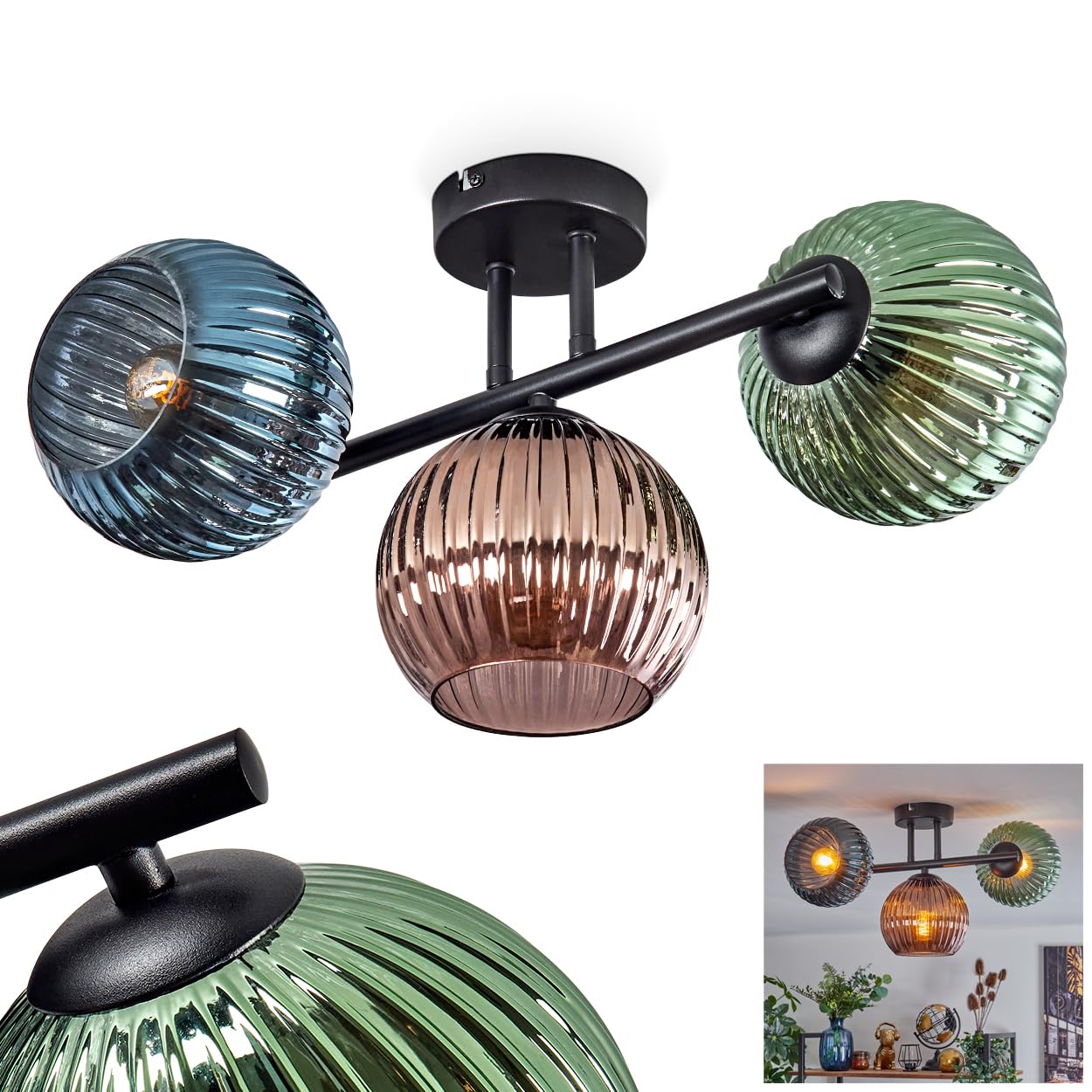 Hofstein Black/Green/Blue Ceiling Lamp Koyoto, 3-Burner Ceiling Lamp Made Of Metal/Fluted Glass In /Copper, In Retro/Vintage Design (Shades Ø 15 Cm), E14, Dining Room, Living Room, Kitchen, Hallway