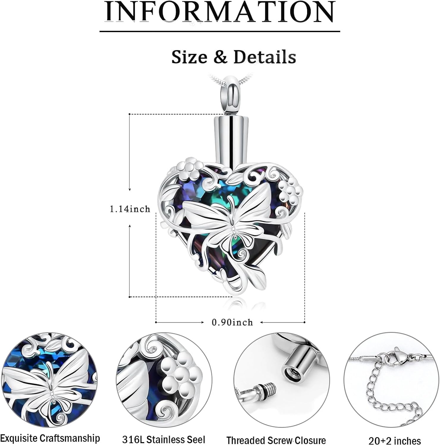 zeqingjw Butterfly Urn Necklaces for Ashes Urn Jewelry for Human Pet Ashes for Women Heart Cremation Necklace for Ashes image 2
