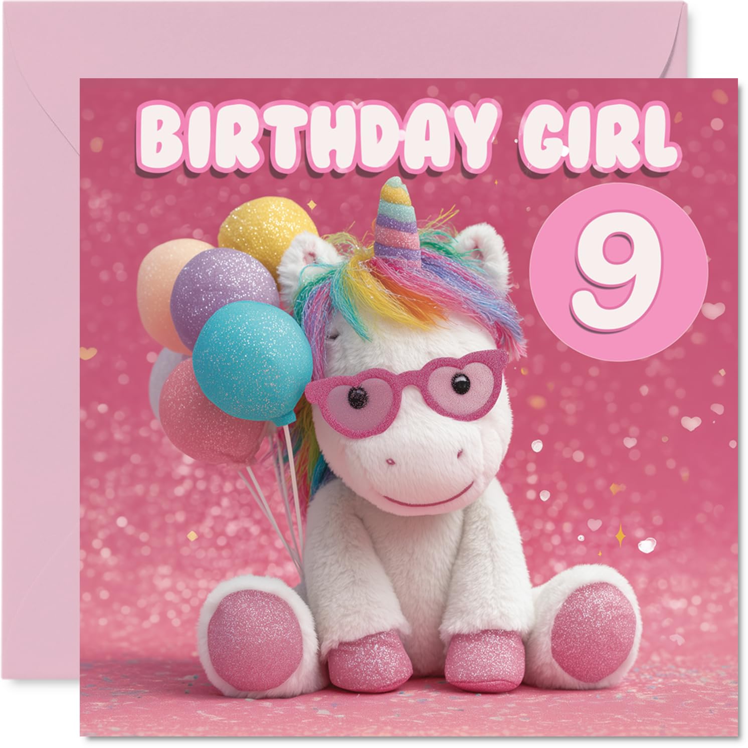 Cute 9th Birthday Card - Sprinkle Her Big Day with Magic - Adorable Unicorn and Pastel Balloons on a Sparkly Pink Backdrop - 145mm Square, Envelope Included