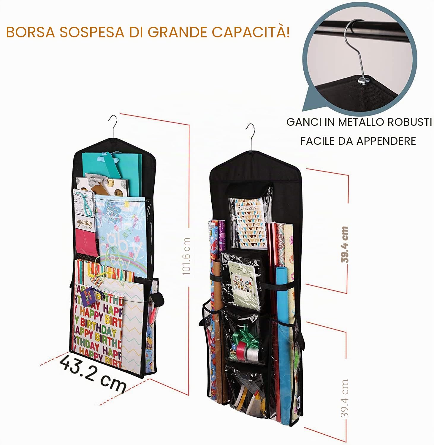 Organizer per buste regalo e carta regalo da appendere, double-face, con tasche multiple in PVC trasparente, 101,6 x 43,2 cm (nero)