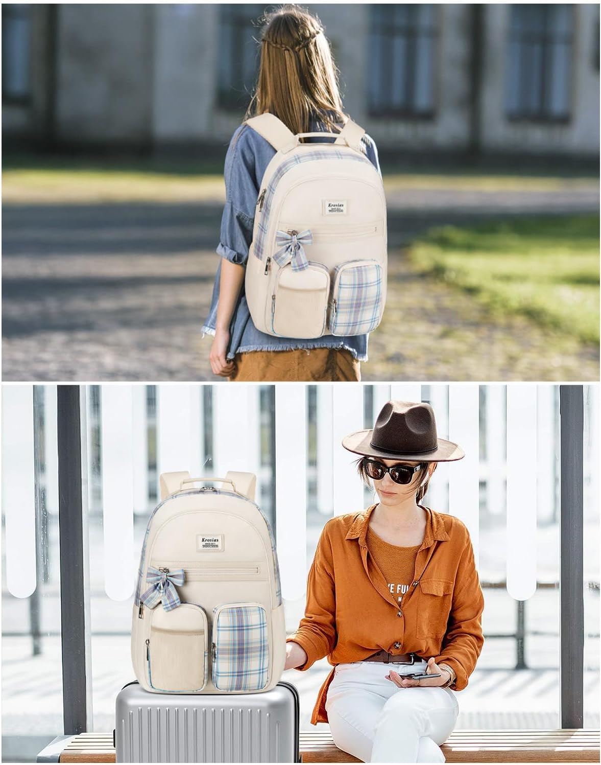 KROSIAS School Backpack for Girls, Cute Kawaii Plaid Kids Bookbag Large 15.6 Inch Laptop Bag for Middle High School College Backpacks for Women Students Teenager, Beige
