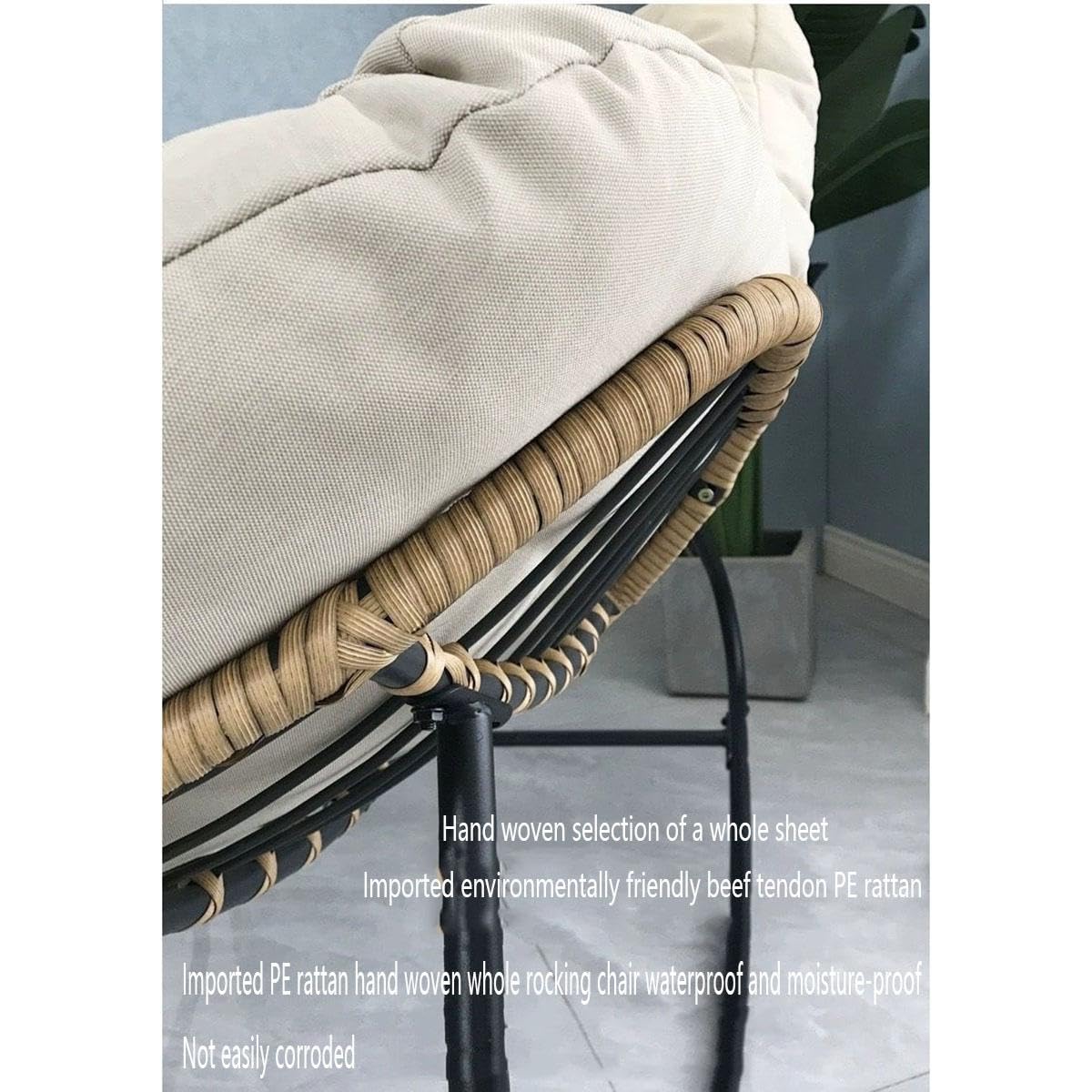 Mecedora para exteriores, silla Papasan de tejido de ratán con cojín grueso, diseño cómodo y agradable al tacto para uso en interiores y exteriores, perfecta para sala de estar, porche y jardín