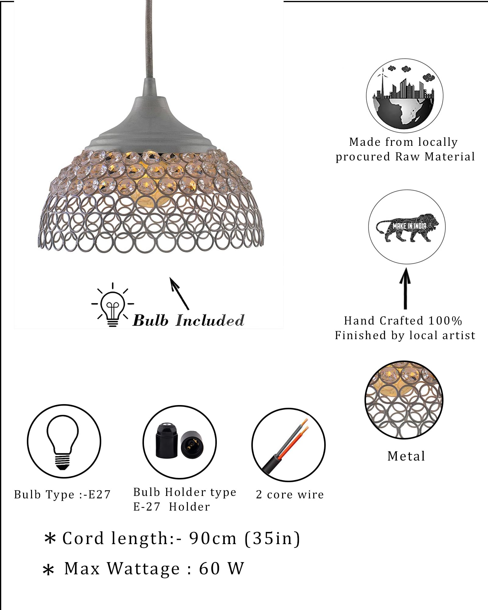 Homesake®White Crystal Hanging Hemisphere Light, Ceiling Light, Nordic E27 Pendant Light,for Living Room,Home Decor - Image 5 thumbnail
