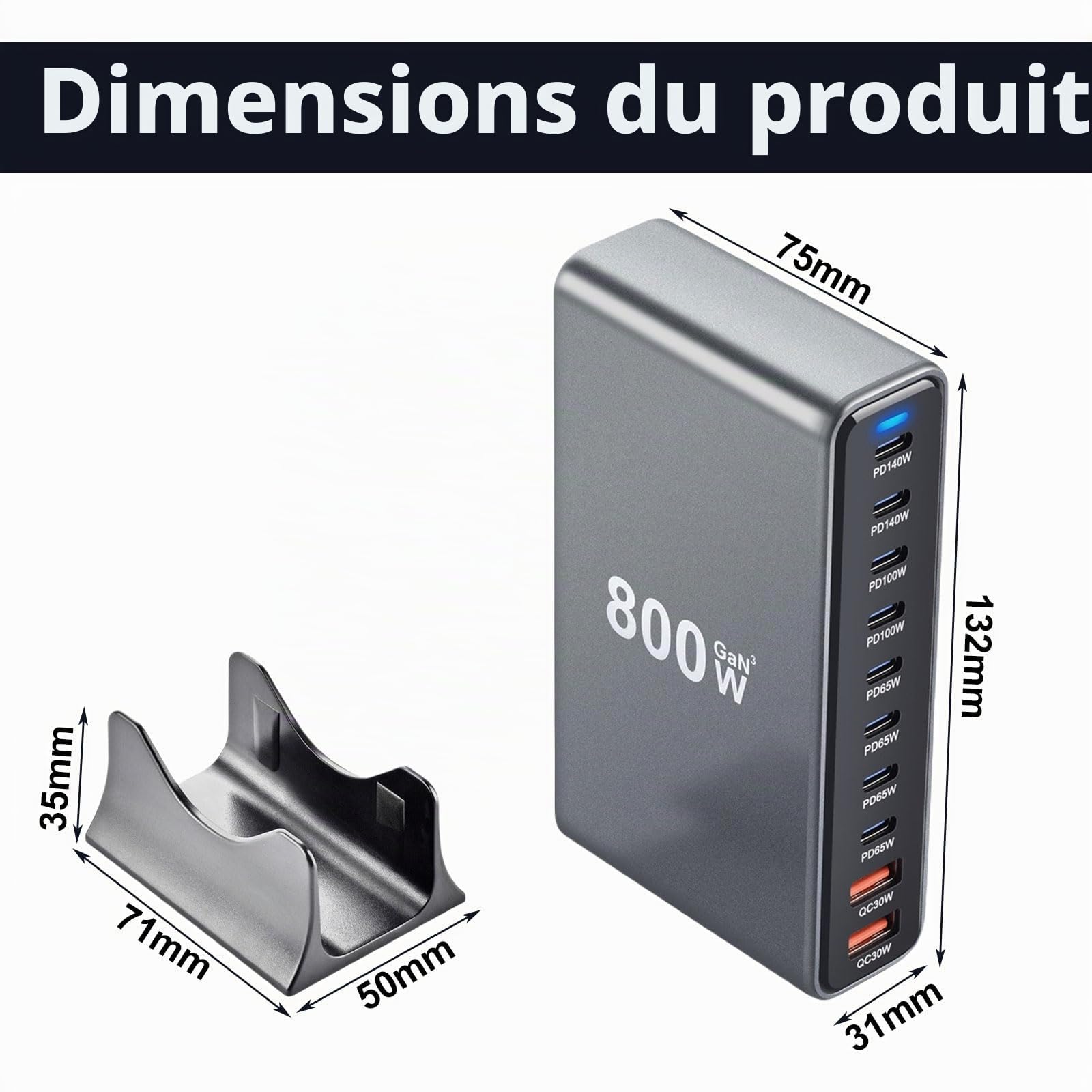 800 W Chargeur USB C Multiple, 10 Ports Chargeur Rapide GaN3 Station Charge