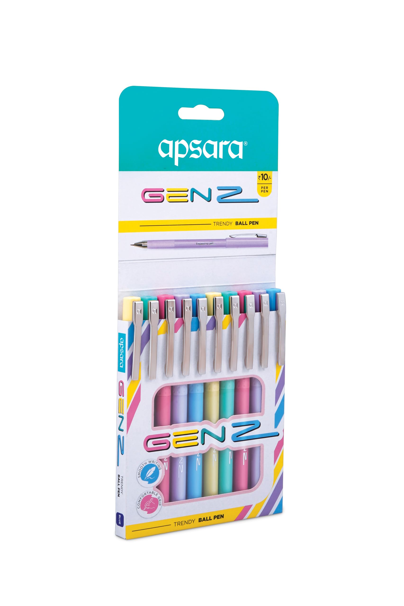 Apsara Genz Ball Pen | Smooth & Long Writing & Comfortable Grip | Attractive Body Colures & Look | Ink Blue- 0.7 MM Tip |Pens use for School & College Students and Professionals | 10 Pcs Pack 2