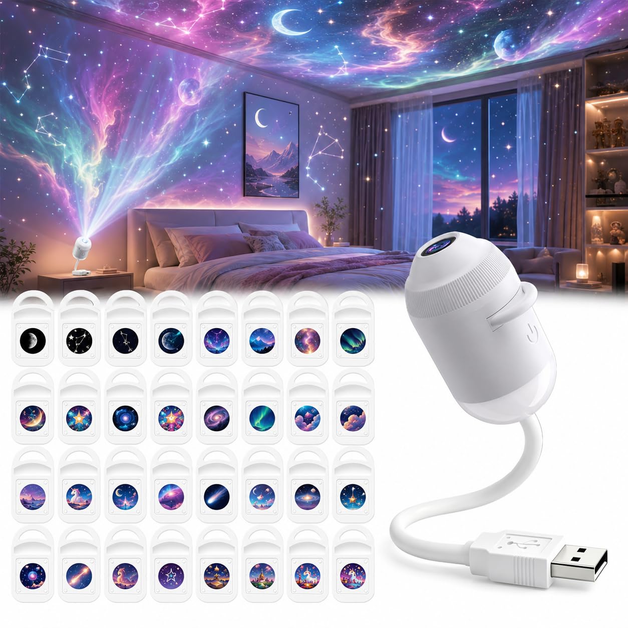 HD Smart Dynamic 5D Holographic Night Light Projector, 2-in-1 Galaxy Star Projector Light with 3/6/12/24 Sliding Projection Films, Plug-and-Play, 360° Adjustable for Celling (with 24 Films)