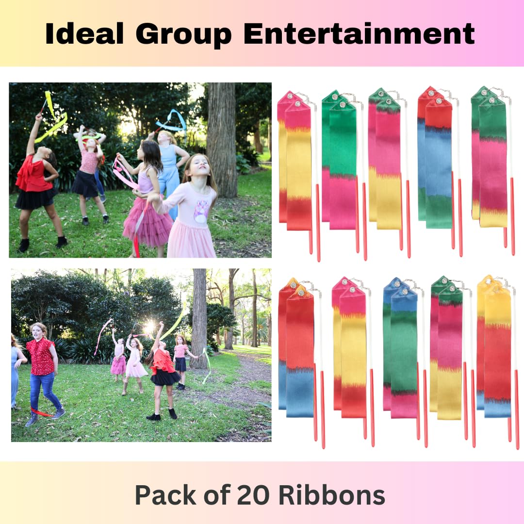 dervea Ribbon Dance Wands 20 Pack, Party Favors for Kids Goodie Bag Stuffers, Rainbow Birhtday Outdoor Party Games (multicolored ribbon with Red grip, 20pcs Set)