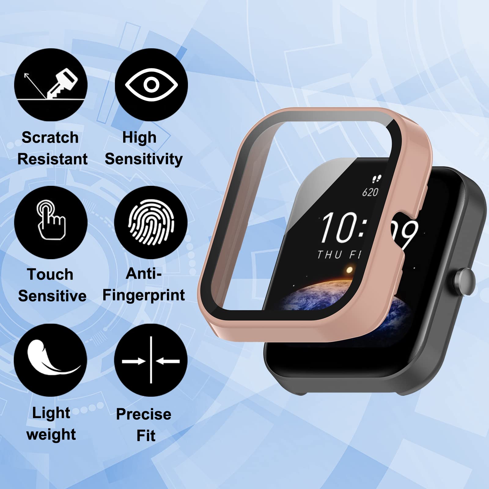 Custodia Rigida Per Amazfit Bip 3 / Bip 3 Pro – Cover PC Con Protezione Schermo In Vetro Temperato 9H, Nero - 3