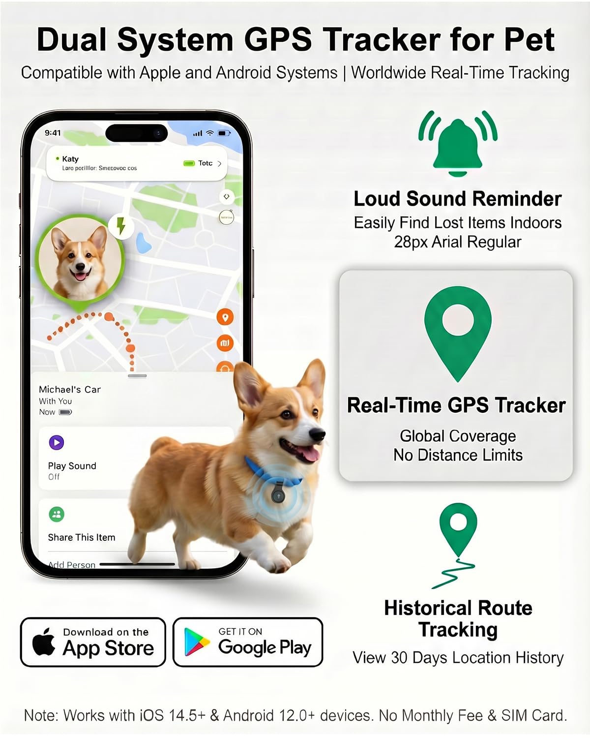 Traqueur GPS intelligent pour chiens, avec emplacement en temps réel, pour Android et iPhone, sans frais mensuels et sans carte SIM, avec support, étanche IP68, utilisation en intérieur et en
