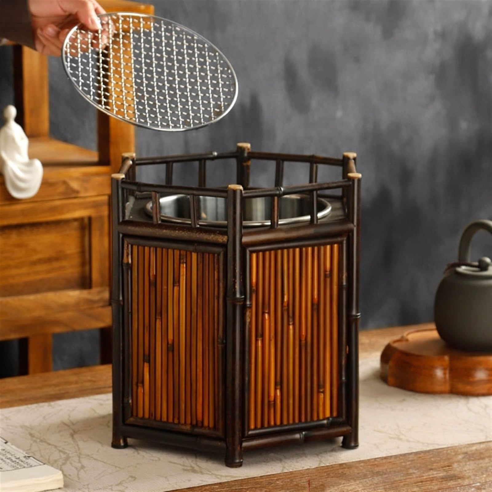 Przenośny Mini stołowy grill węglowy Piec do herbaty, Przenośny Grill na węgiel drzewny z grillem siatki drucianej, Domowy piec grzewczy Parzenie kawy i Kemping