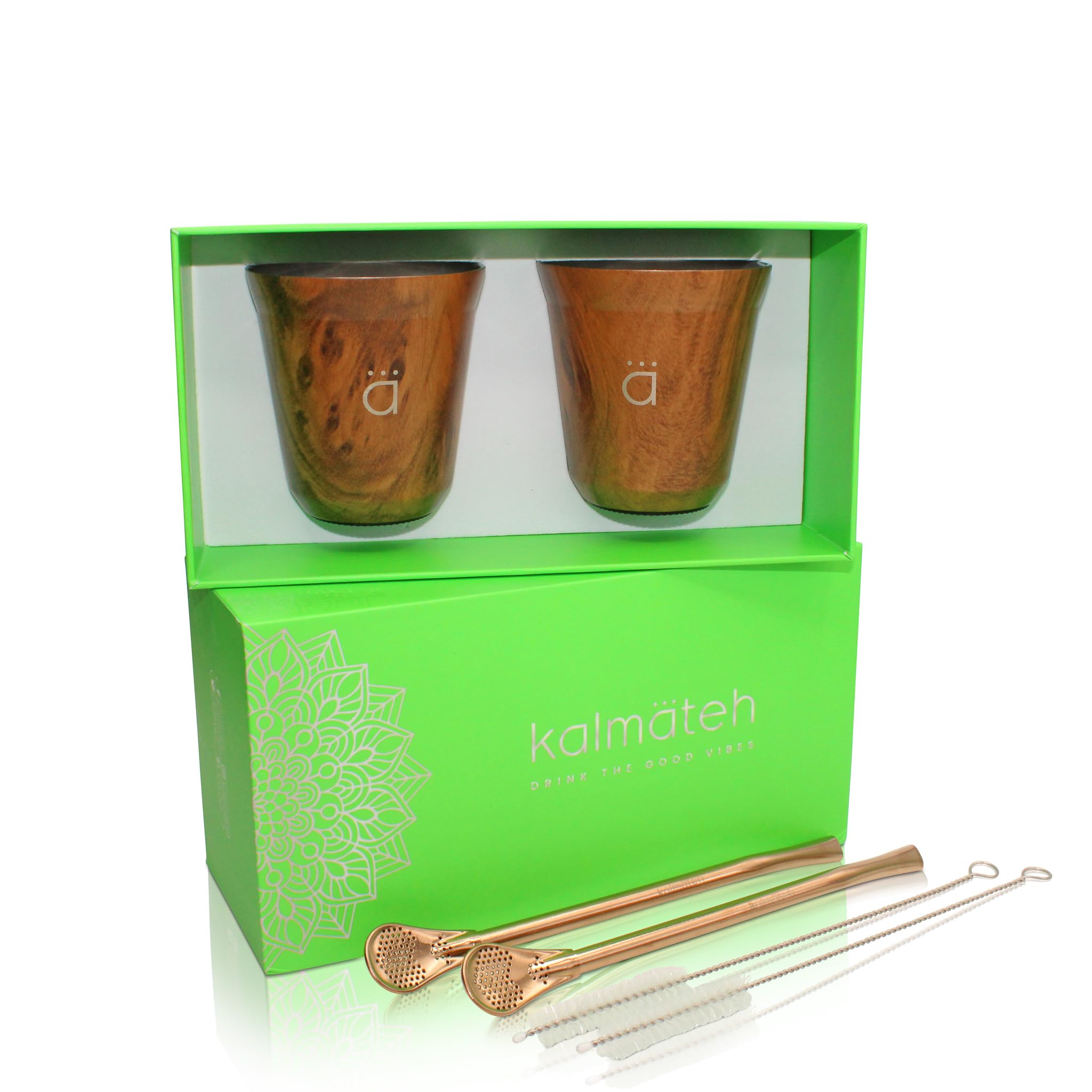 Kalmateh Yerba Mate Small Zucca Set di 2 tazze Mate include 2 Bombillas e una spazzola per la pulizia, doppia parete in acciaio inox 18/8 (legno, 141,7 g)