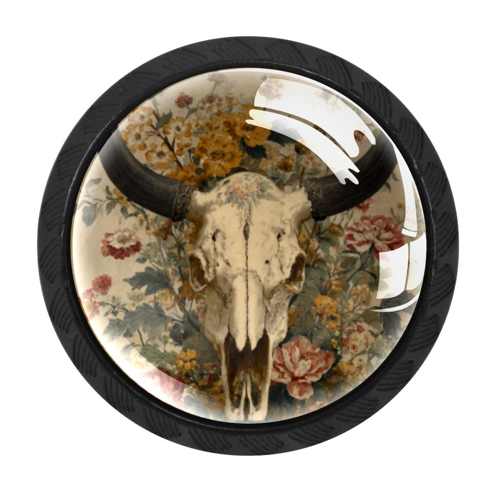 CHENZZZZ 4 Pack Vintage Western Skull Floral Flower Bone (1) Dresser Drawer Cabinet Knobs Round Crystal Glass Knobs Pulls Handles for Kitchen Wardrobe Cupboard Door Hardware