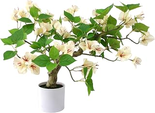 16 Inch Artificial Bougainvillea Tree, Fake Silk Bougainvillea Flower Tree Faux Potted Greenery Plant for Table Centerpiece Garden Office Livingroom Home Indoor Outdoor Decor (White)