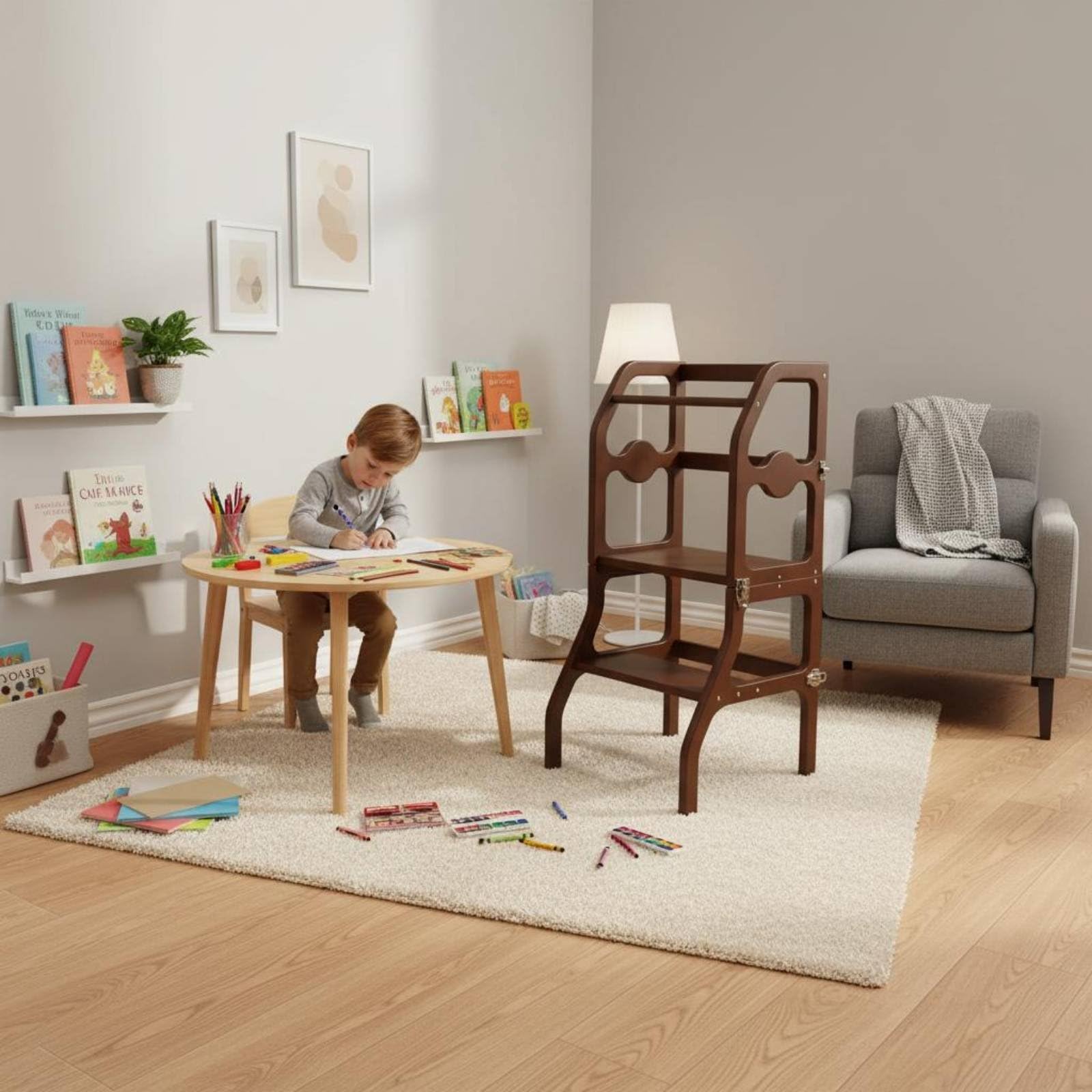Klapp-Lernturm aus Holz multifunktional Kinder Lernturm klappbar multifunktionaler Kinder-Tritthocker für Küche, Bad, Zuhause, Weiß