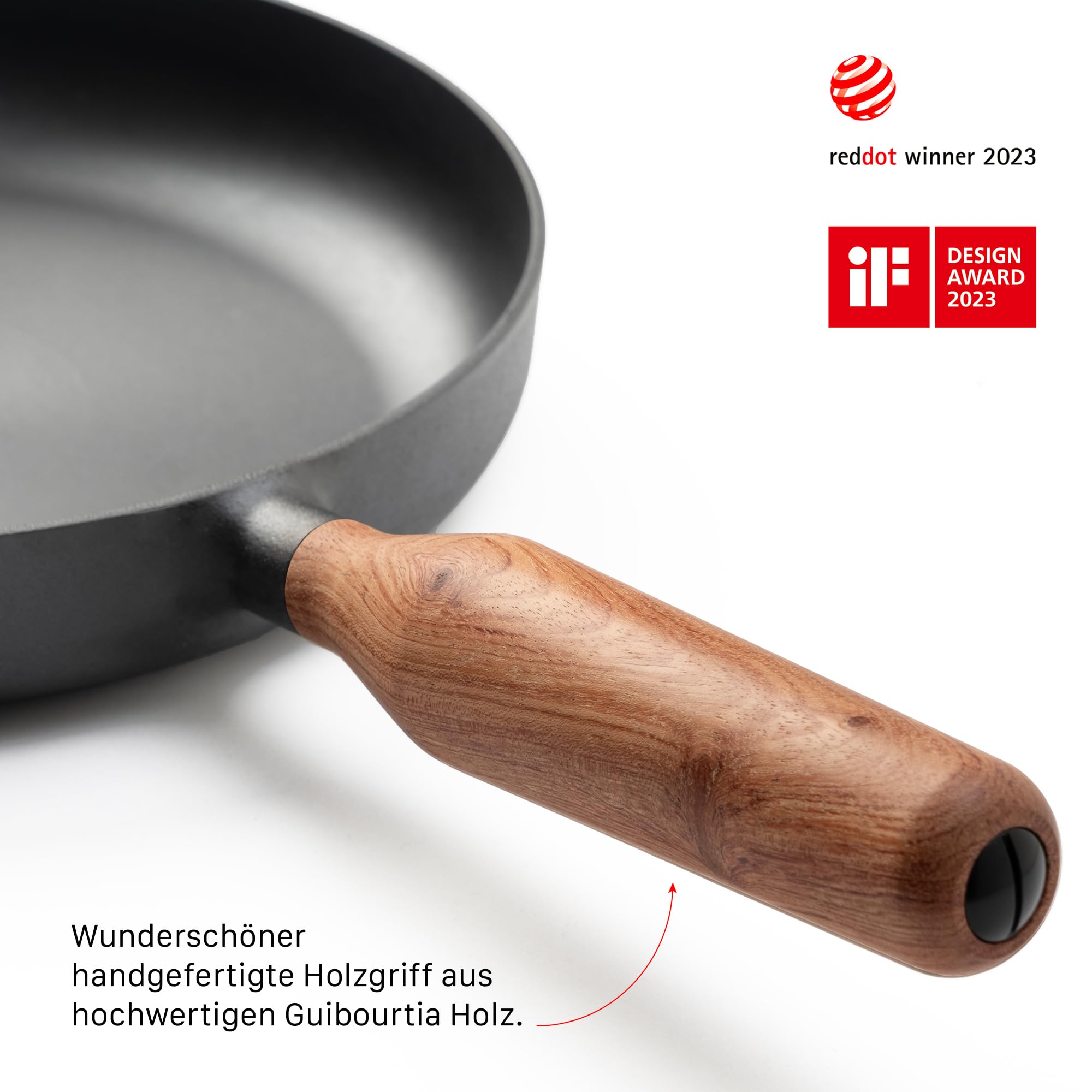 JAXX ROADHOUSE DIE BRATPFANNE - ausgezeichnete Premium Pfanne Gusseisen, Gusseisenpfanne Induktion, 26cm, Handgefertigter Holzgriff, ALLE Herdarten, Voreingebrannt (Walnussholz)
