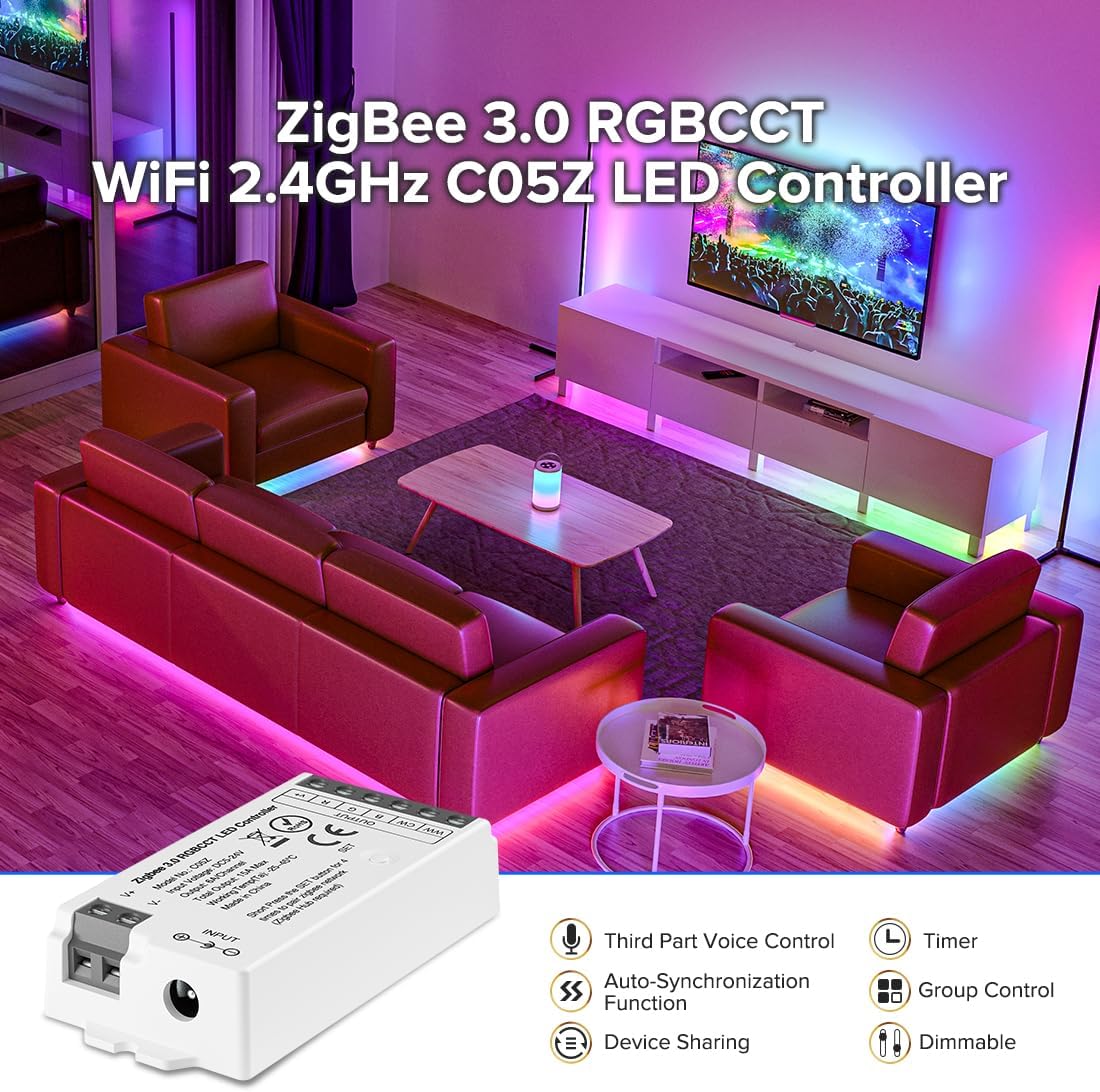 BTF-LIGHTING Tuya Zigbee 3.0 C05Z Controller Support RGBCCT 6 pin (+V R G B CW WW) PWM LED Strip Bulb Compatible with Echo Plus/4th Gen Tuya Gateway DC5V/DC12V/DC24V Max 15A - Image 4