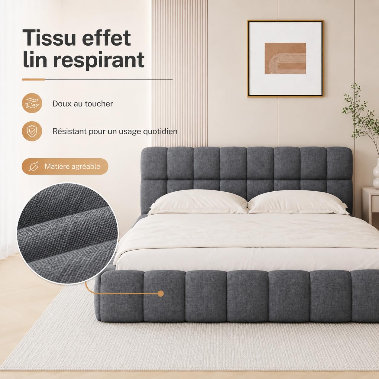 Lit Bulle 140x190 avec sommier à Lattes et tête de lit rembourrée, Cadre de lit Bas, Lit Double capitonné,Lin, sans Matelas (Gris, 140 x 190 cm)