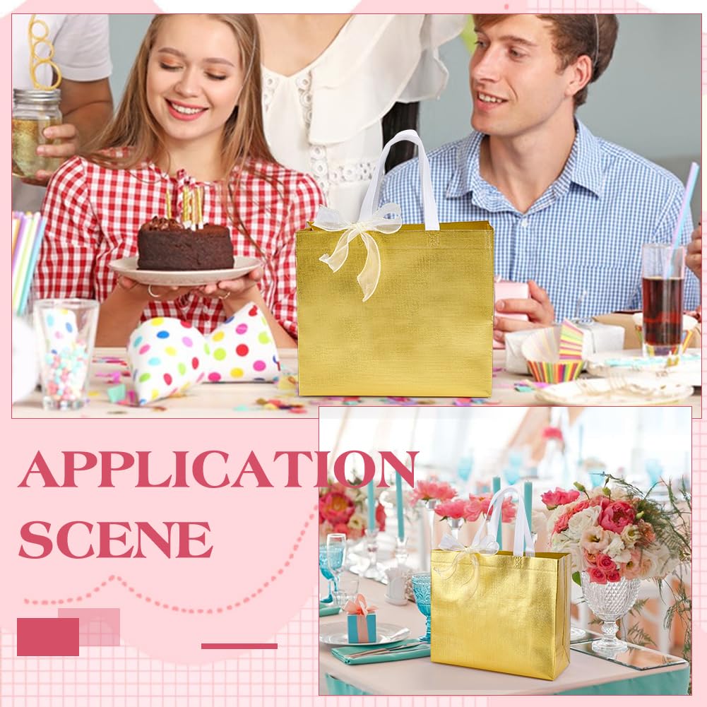 PH PandaHall Lot de 36 grands sacs cadeaux réutilisables en tissu non tissé avec ruban pour invités, fête, mariage, anniversaire, Saint-Valentin - 33,8 x 30,5 x 11,9 cm - Doré brillant