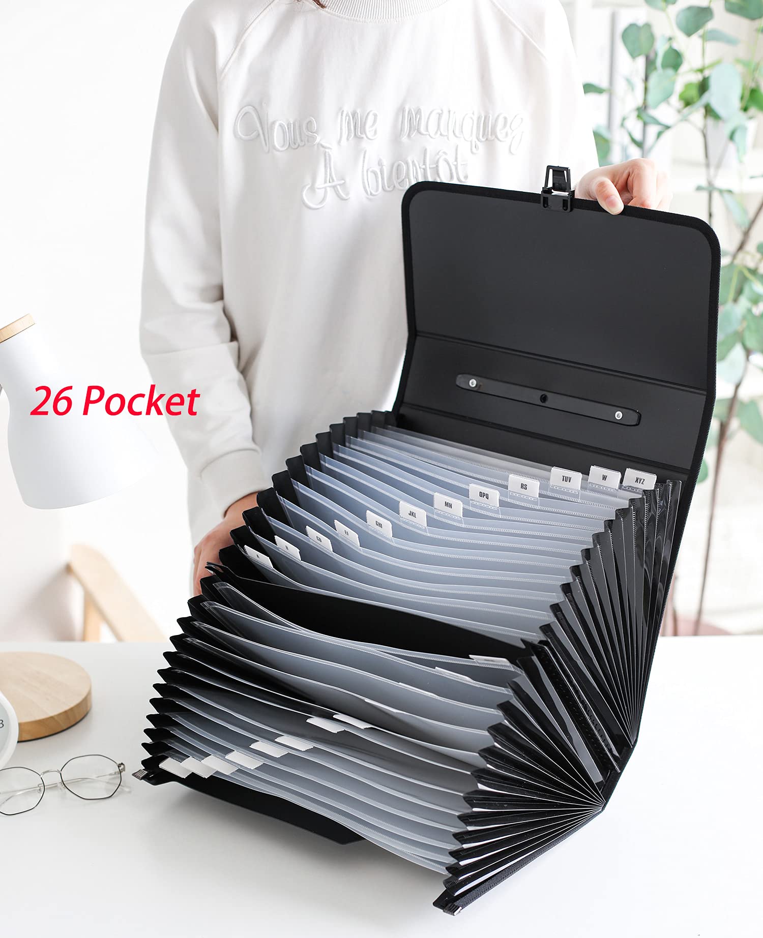 Trieur Accordéon Extensible 26 Poches A4 - Organiseur Documents Avec Étiquettes, Poignée, Fermeture Boucle Noir