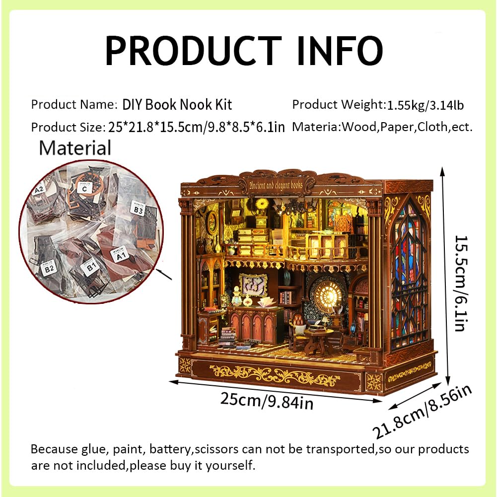 Das Beste Geschenk:DIY Miniatur Holzhaus Bücherregal-Nook Kit mit LED-Beleuchtung Holz 3D Puzzle Bücherregal，Kreatives Bastelset Kreative Dekofigur (mit Staubschutzkappe)
