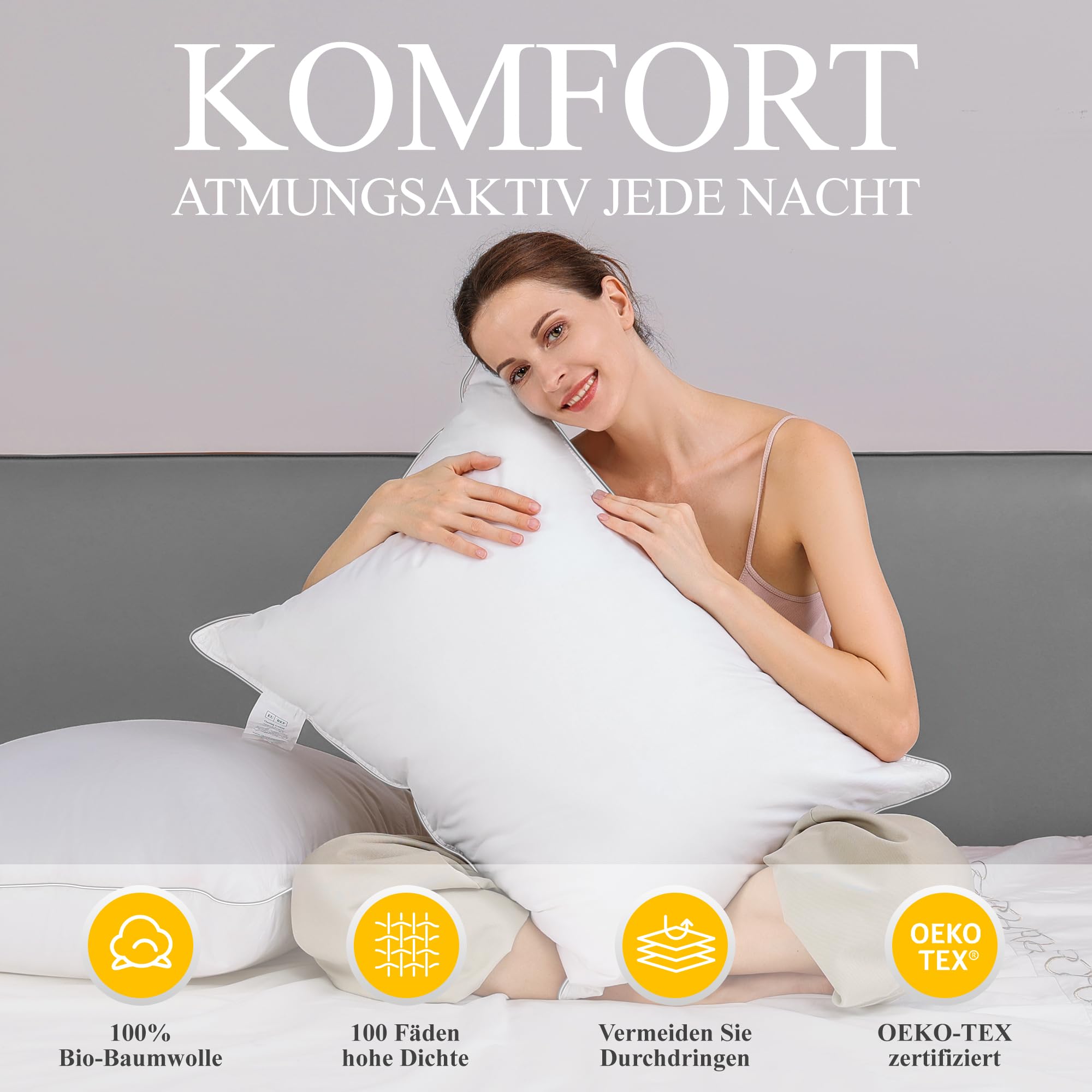 Orange Wave Kopfkissen 80x80 cm Federkissen – 3-Kammer Daunenkissen 80x80, Kissen mit Daunen und Federn, Bettkissen, RDS & ÖKO-TEX, doppelte Kombination aus Weichheit und Stützkraft