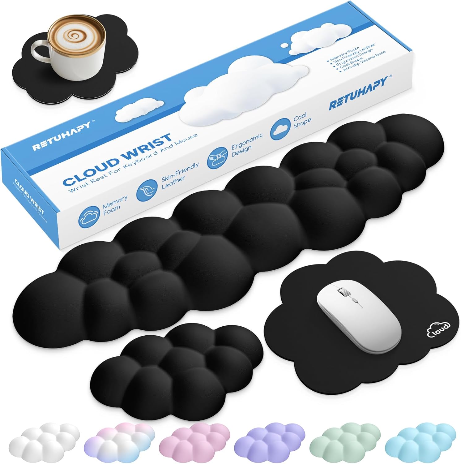 Cloud Wrist Rest Keyboard Cushion, 4-in-1 Ergonomic Cloud Keyboard Wrist Rest and Mouse Pad Set with Memory Foam Arm Support for Palm, Cute Desk Accessory for PC Gaming Setup, Black