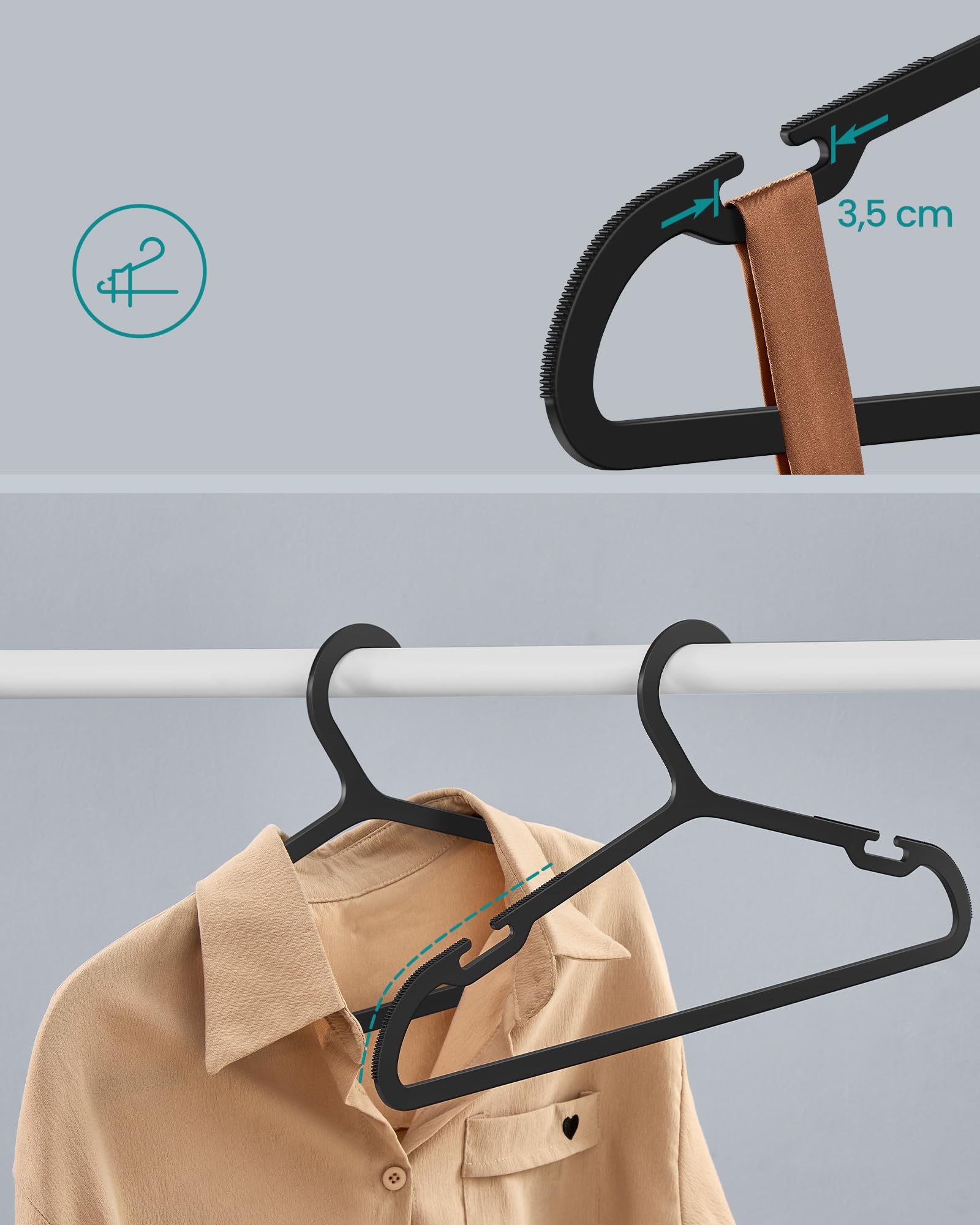 SONGMICS Wieszaki, zestaw 50 sztuk, wieszaki z tworzywa sztucznego, z szerokimi wycięciami na ramionach, oszczędność miejsca, długość 41,7 cm, do szafy, czarny tusz CRP010B01
