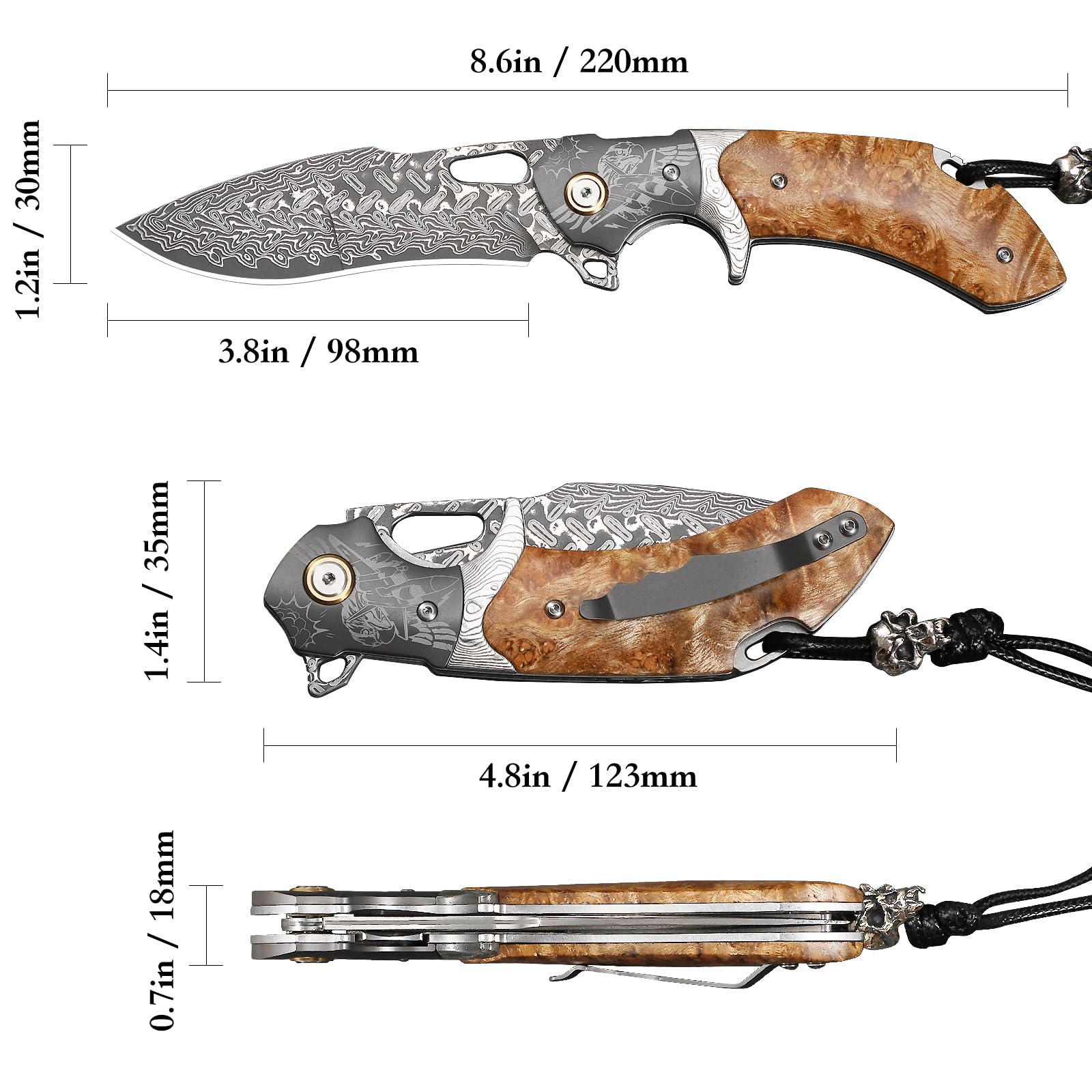 Handgefertigtes Klappmesser aus Damaszenerstahl, EDC-Messer für Herren, komplett mit Lederscheide und Taschenclip. Taschenmesser für Outdoor-Camping, Wanderungen，Bergsteigen und Jagd