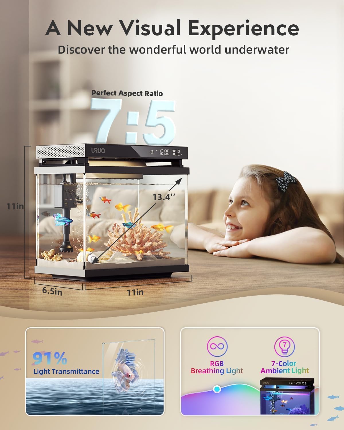 Kit d'aquarium intelligent pour aquarium : pompe à eau silencieuse en verre UHD de 7 gallons, système de filtration multicouche autonettoyant, détection de température, éclairage 7 couleurs pour
