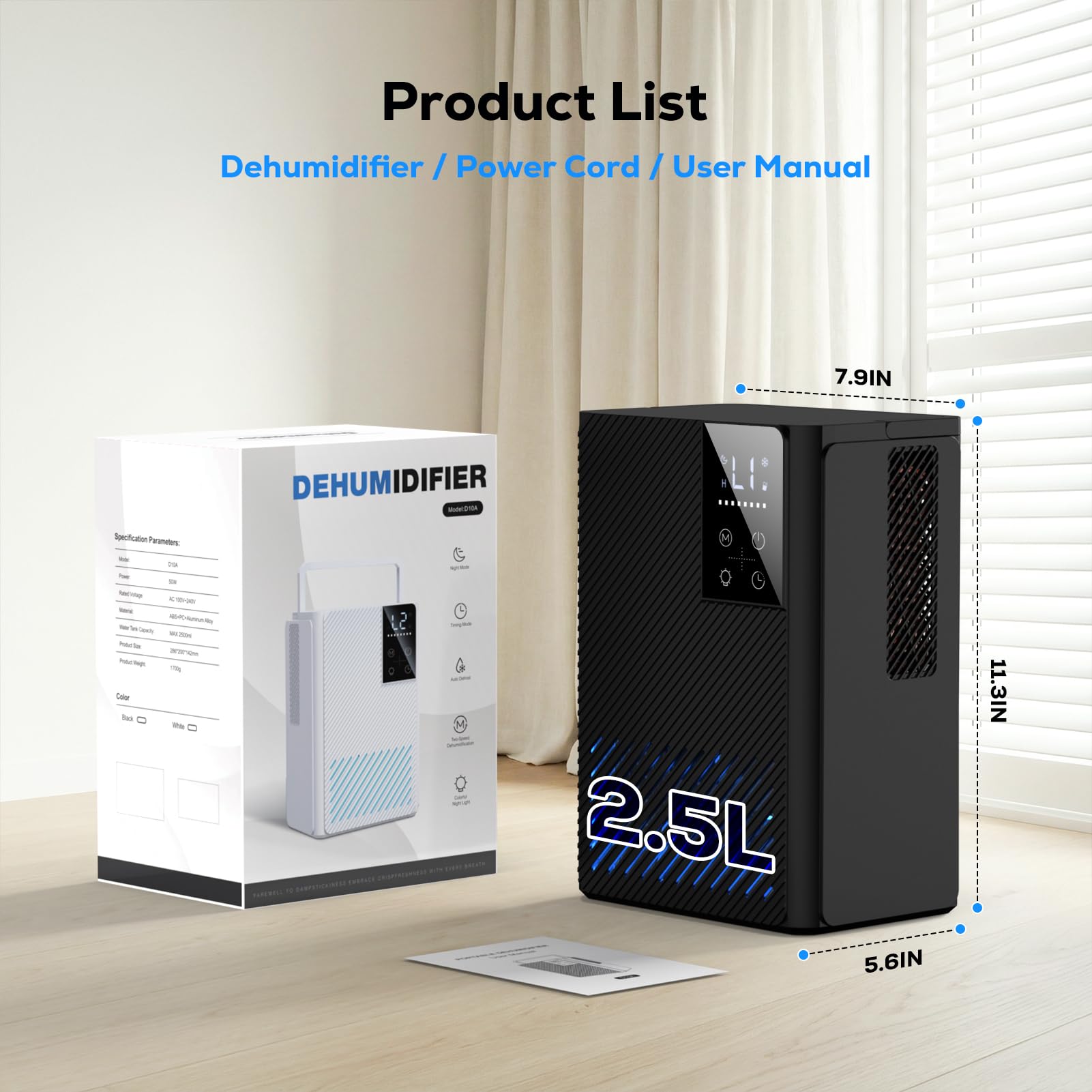 Deshumidificateur d Air 2500ML, Déshumidificateurs Electrique Silencieux Econome en Energie, Anti Moisissure, Auto-Arrêt & Dégivrage, Minuterie, LED 7 Couleurs, Idéal pour Chambre/Salle de Bains