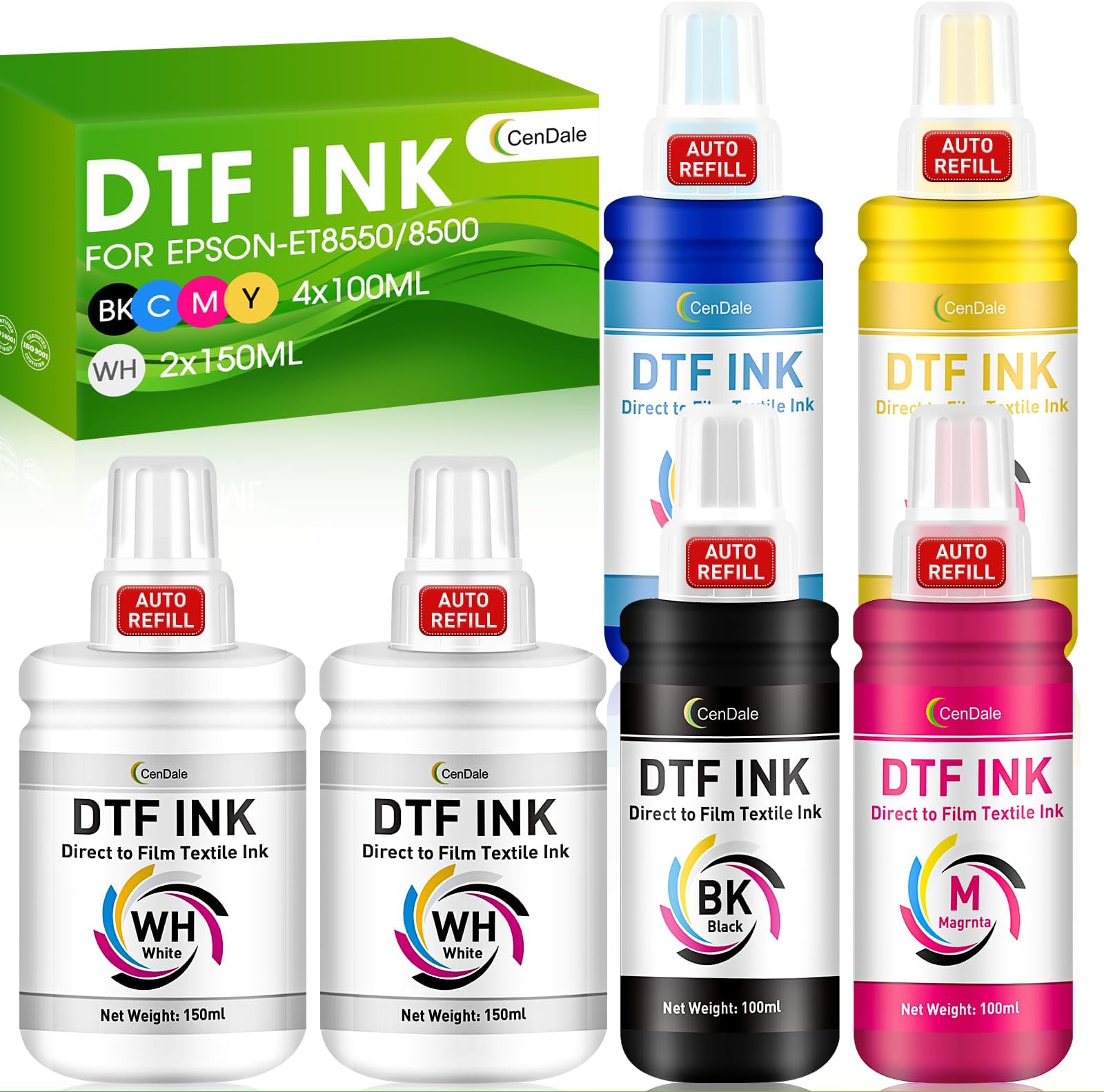 Upgraded Auto-Fill DTF Ink - 700ML DTF Transfer Ink for Epson ET-8550 ET-8500 Printers, Heat Transfer Printing Set 100ml x 4 CMYK, 150 x 2 White (Anti-UV/ICC-Free)