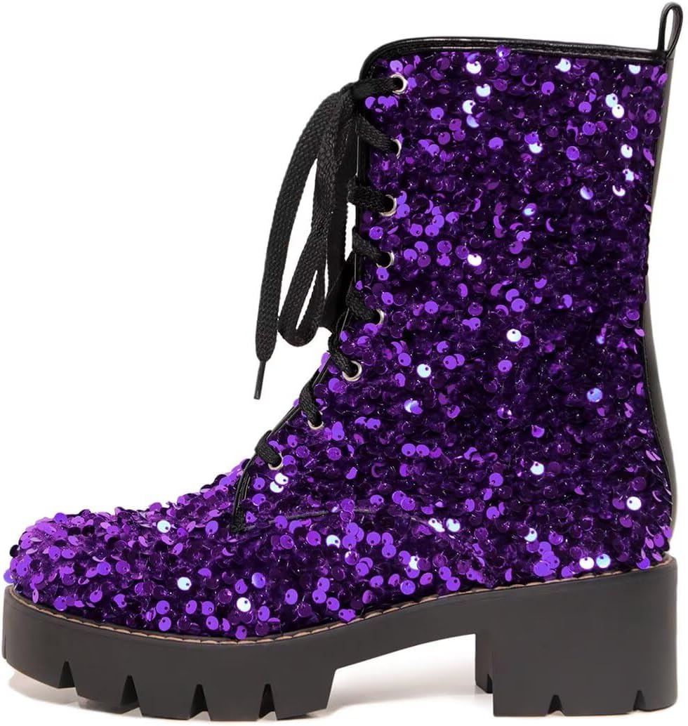 Women's Sequin Combat Boots Lace Up Chunky Low Heel Sparkly Ankle Booties Platform Lug Sole Round Toe Moto Biker Riding Festival Ladies Casual Mid Calf Boot
