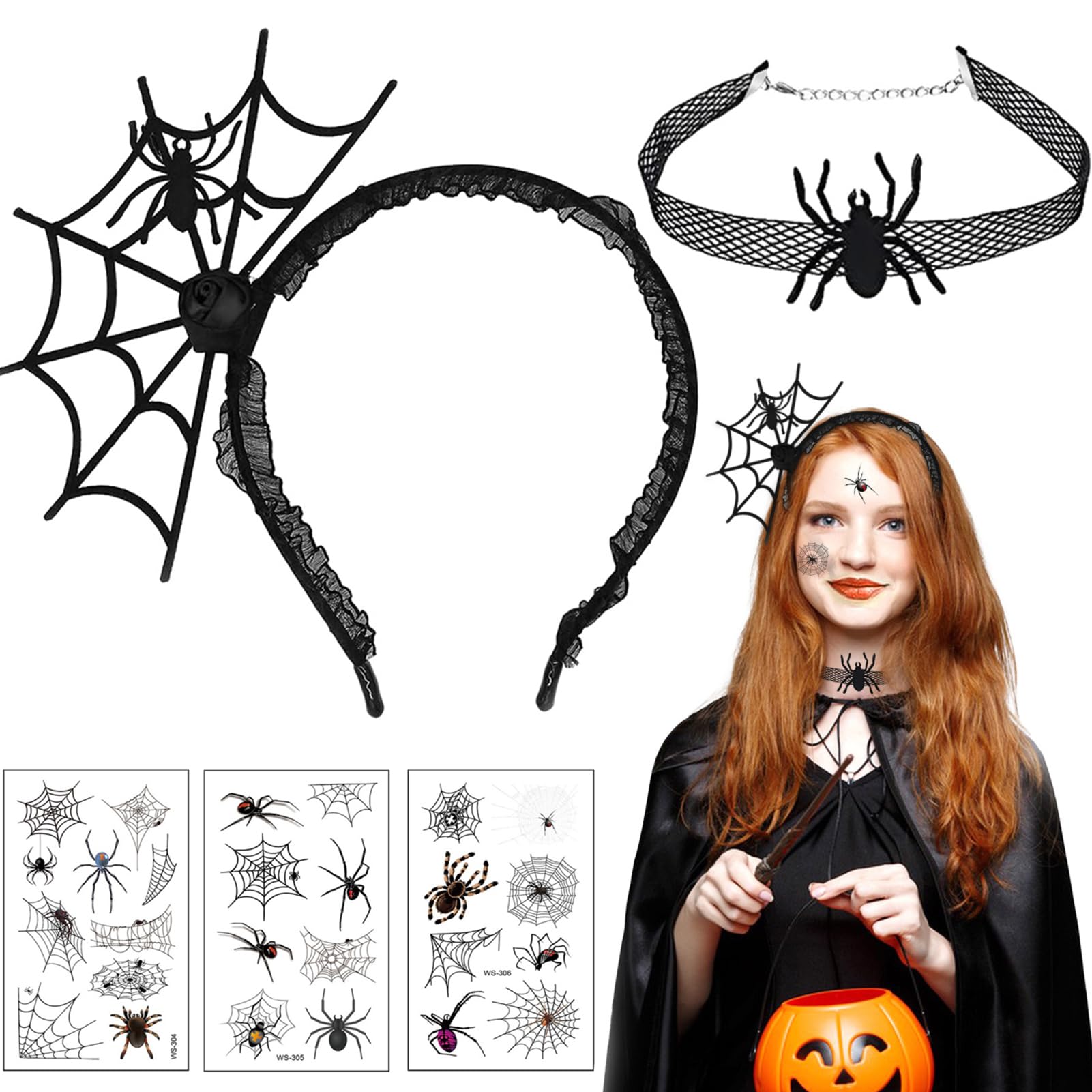 Boyigog Halloween Spider Headband with Spider Choker Set, Spider Web Hair Band Spider Necklace 3PCS Tattoo Sticker, Spiderweb Hair Accessories for Kids Women Girls Costume Party