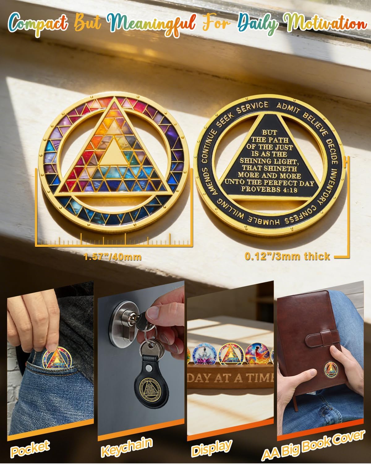 Colorful Triangle Sobriety Coin - Stained Glass Style AA Recovery Medallion, Sober Chip for Milestone Celebrations, Year Marker & Support Inspirational Sobriety Gifts for Men & Women