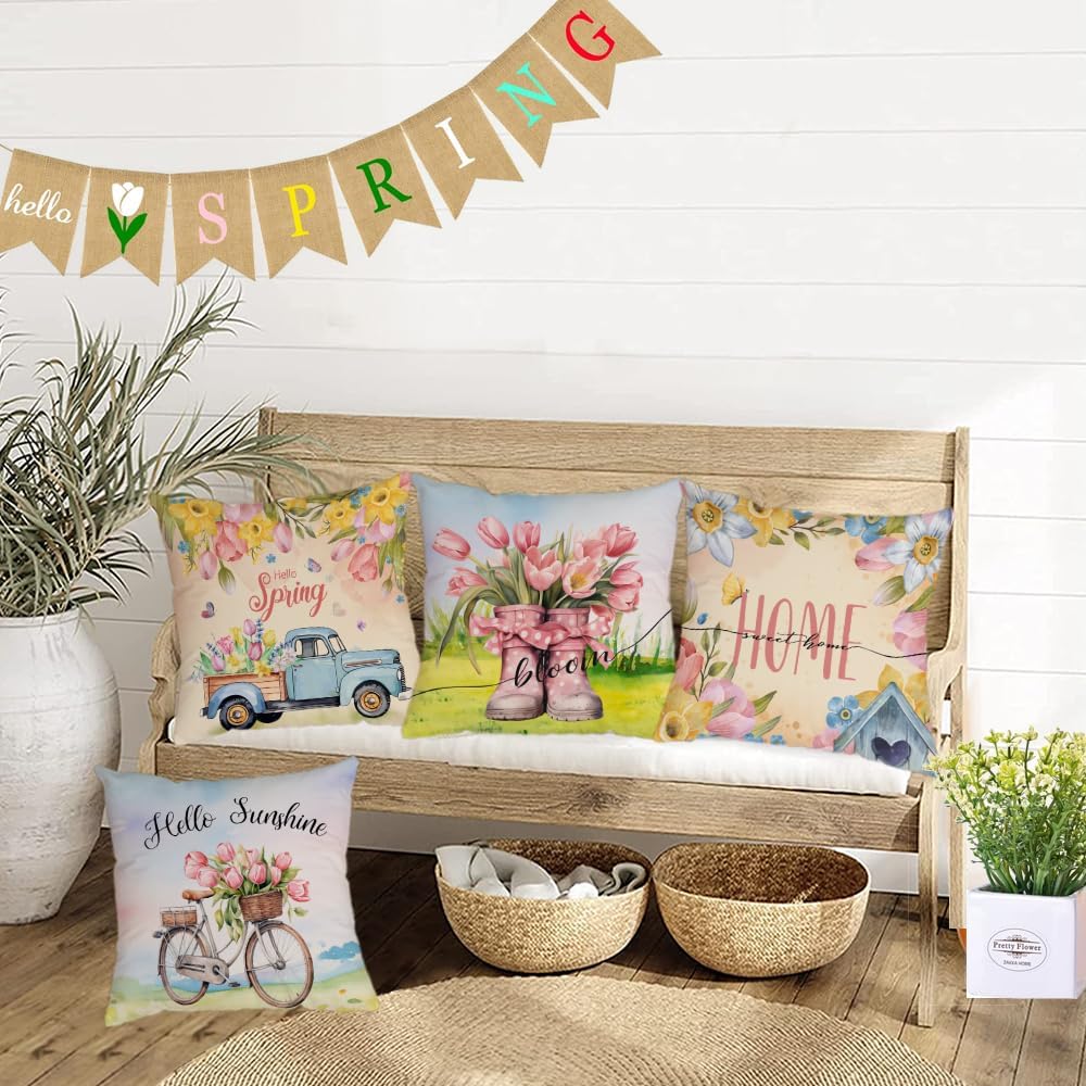 Hello Spring Pillow Covers 24x24 Set of 4 Soft Velvet Spring Summer Floral Throw Pillows Decoratives Cushion Covers Truck Biycle Flower Pillow Cases for Home Sofa Couch Outdoor Decorations 24