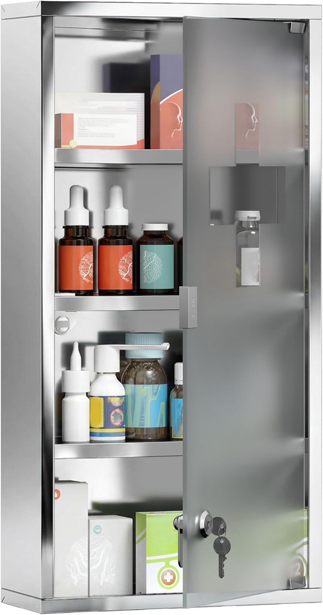 HOMCOM 4 Tier Stainless Steel Wall Mounted Medicine Cabinet Glass Lockable Door Storage Shelves Houseware Bathroom Furniture 60Hx30Wx12D(cm) w/2 Keys