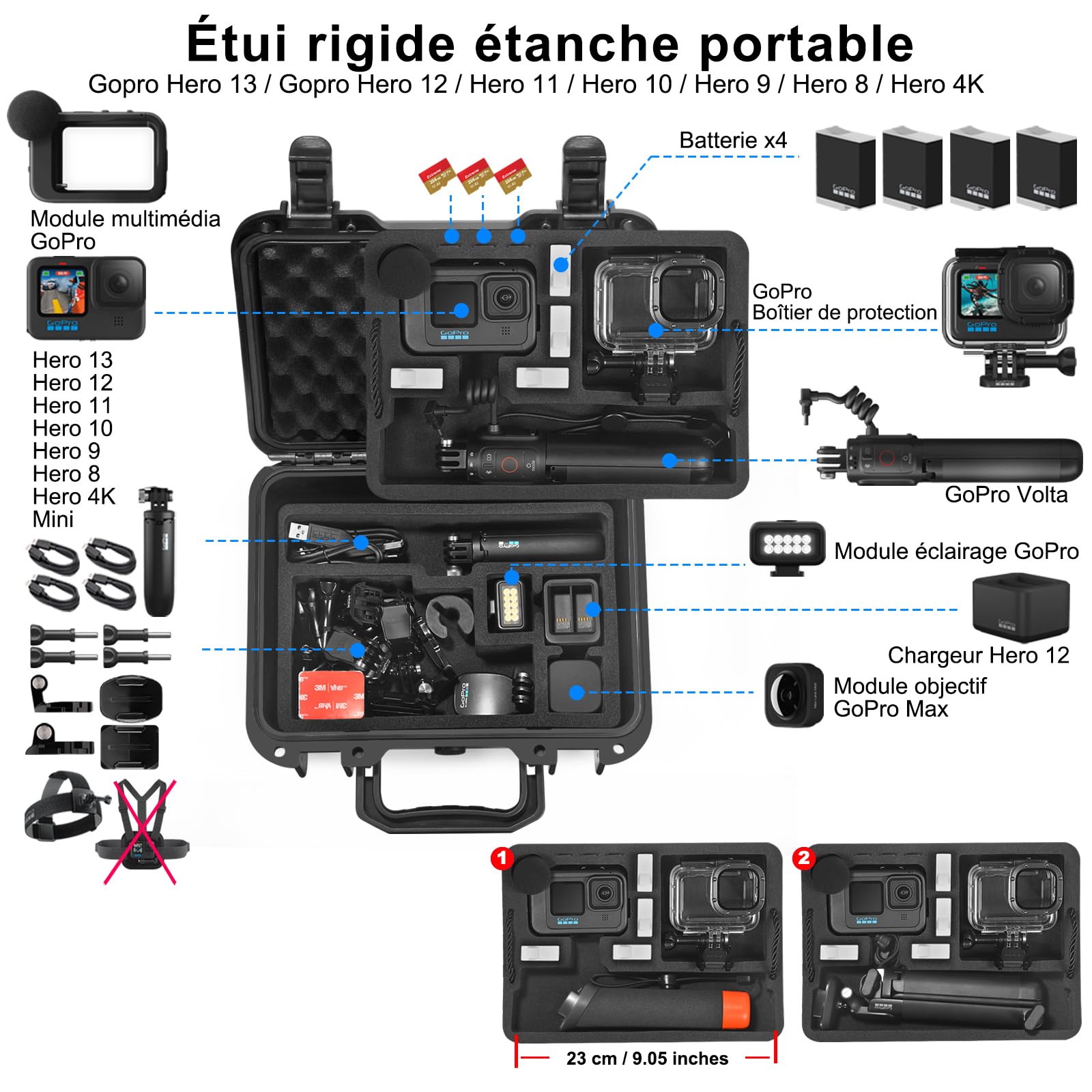 Lekufee Boîte étanche pour Gopro Hero 13 Black/12/11/10/9/8, LIT Hero,Hero 4K,Module médias,Volta,Creator Edition,Caméra d'action et Autres Accessoires (étui Uniquement)