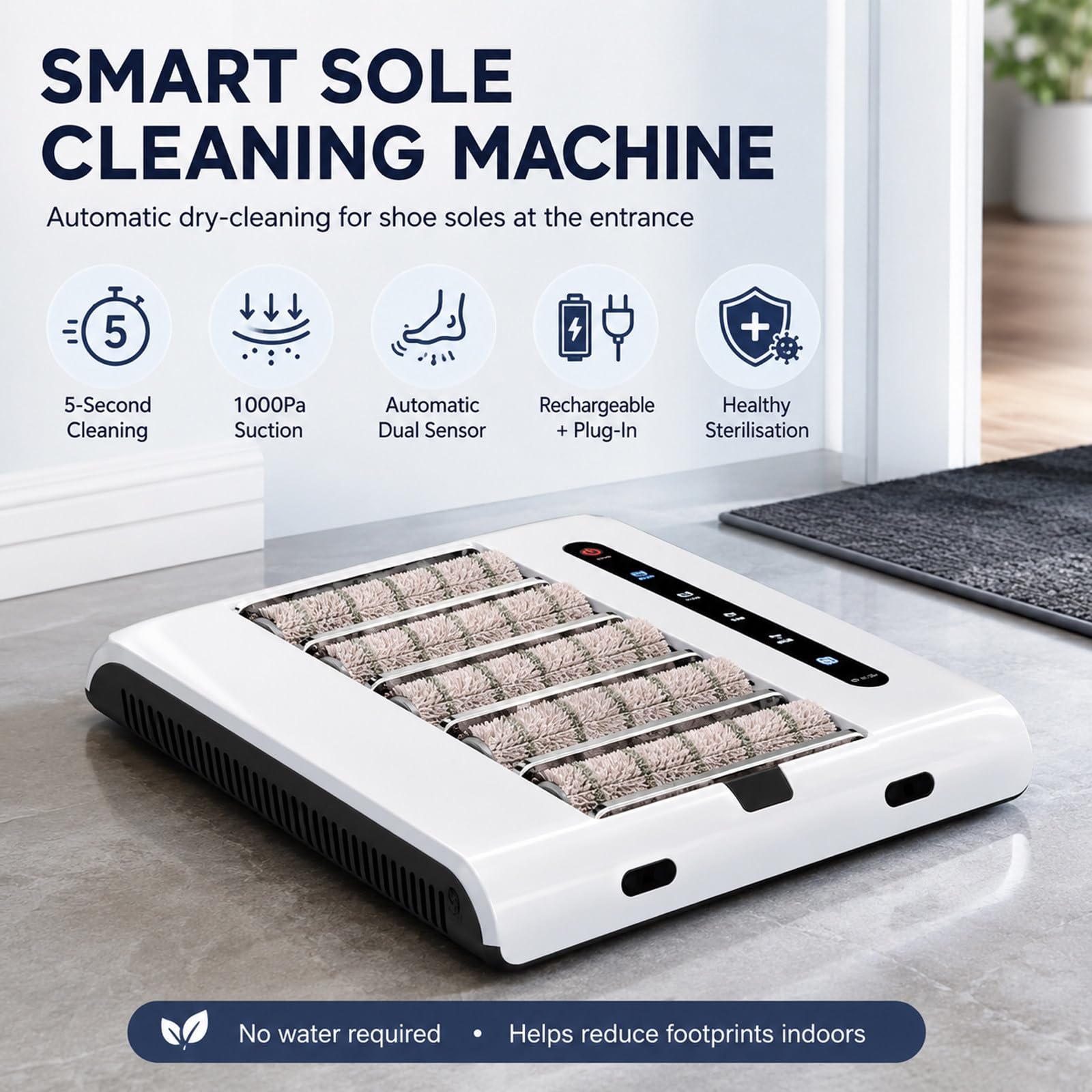 Limpiador suelas automático, lustrador aspirador 1000Pa +UV-Sterilization | Inducción manos libres, parada automática. Sin agacharse, sin agua. Limpia cuero, zapatillas, tacones. 500rpm, silencioso.