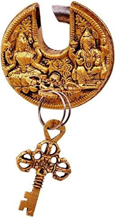 Purpledip Brass Padlock Ganesha-Lakshmi: Round Antique Design; Unique Collectible (11295)