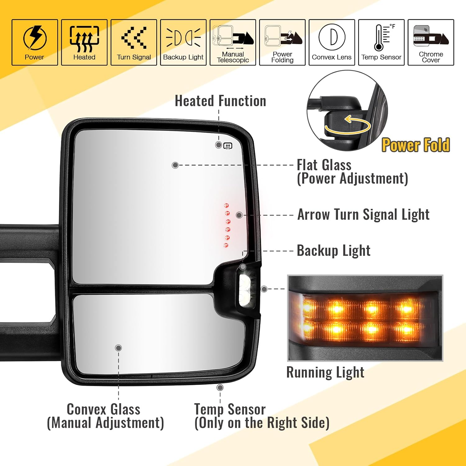 Sanooer Power Folding Chrome Towing Mirrors Compatible with 2014-2018 Chevy Silverado GMC Sierra 1500 2500HD 3500HD with Turn Signal Running Light Heated Mirror Pair Set