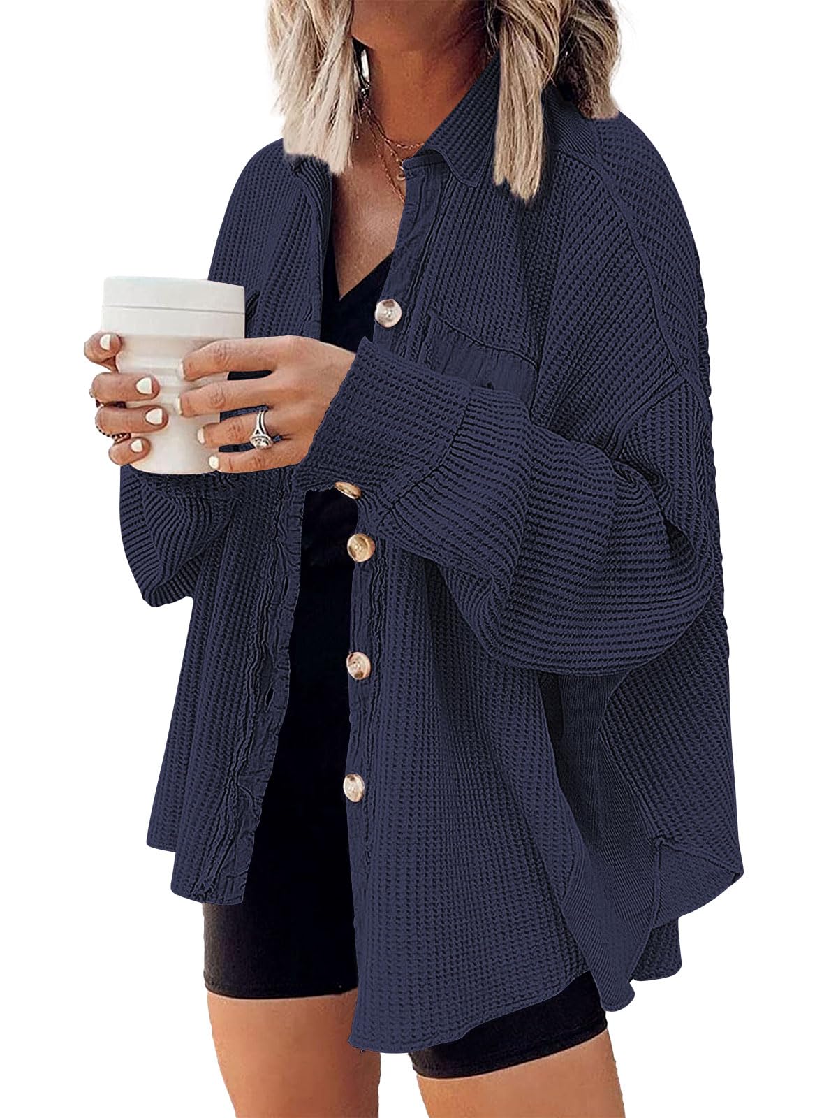 AUTOMETWomens Shacket Jacket Waffle Knit Oversized Button Down Shirts Fall Outfits 2024 Fashion Clothes