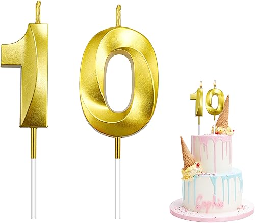 Velas de cumpleaños para pastel, velas de cumpleaños con números dorados, decoraciones de pastel para cumpleaños, boda, aniversario, graduación (10,