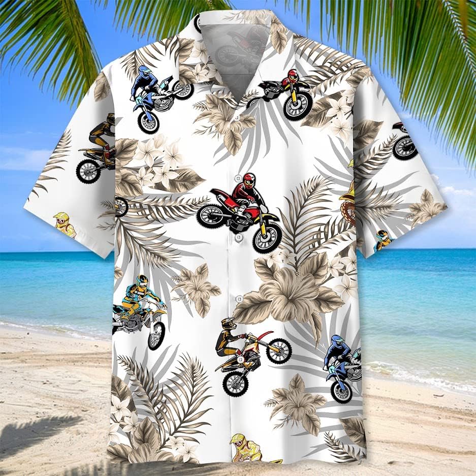 Motocross Hawaiian Shirts for Men Short Sleeve Regular Fit Aloha Beach Shirt Floral Summer Casual Button Down Shirts