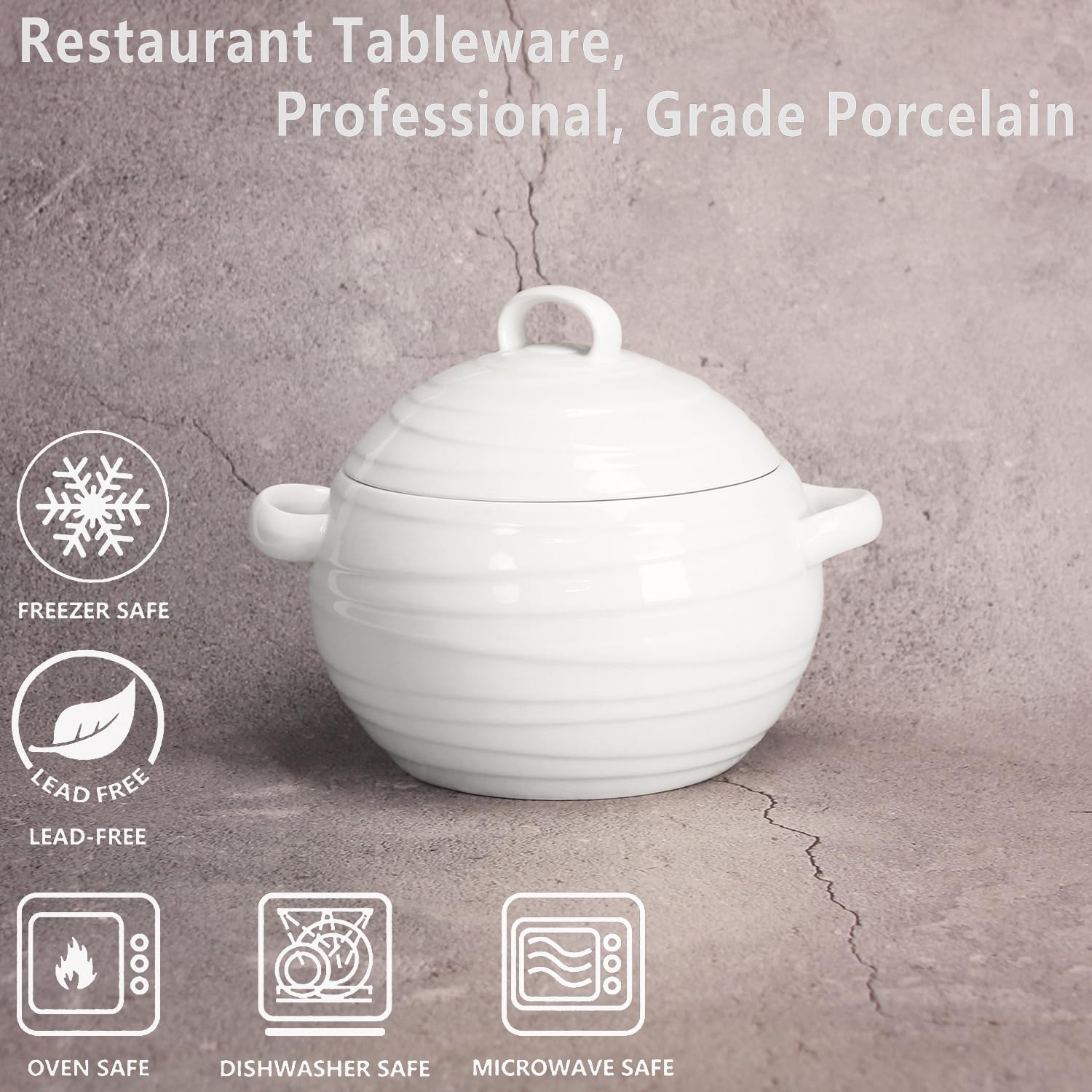 Cacerola, cacerola de forma esférica de 37 onzas con tapa, asas de porcelana para servir de horno a mesa, para cena y fiesta, apto para lavavajillas y microondas (7.6 pulgadas)