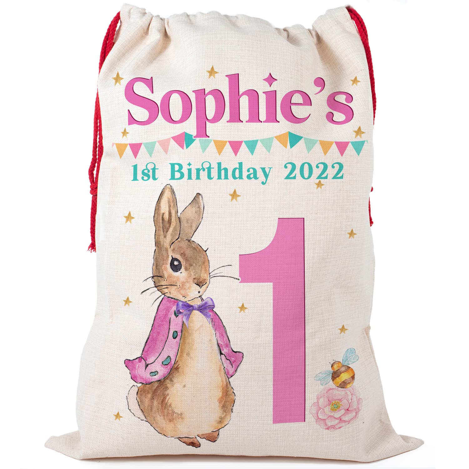 Personalised Girls 1st Birthday Present Sack Childrens Rabbit Party Bag Custom Name Initial Gift Bag Cute KBB03 (Small)